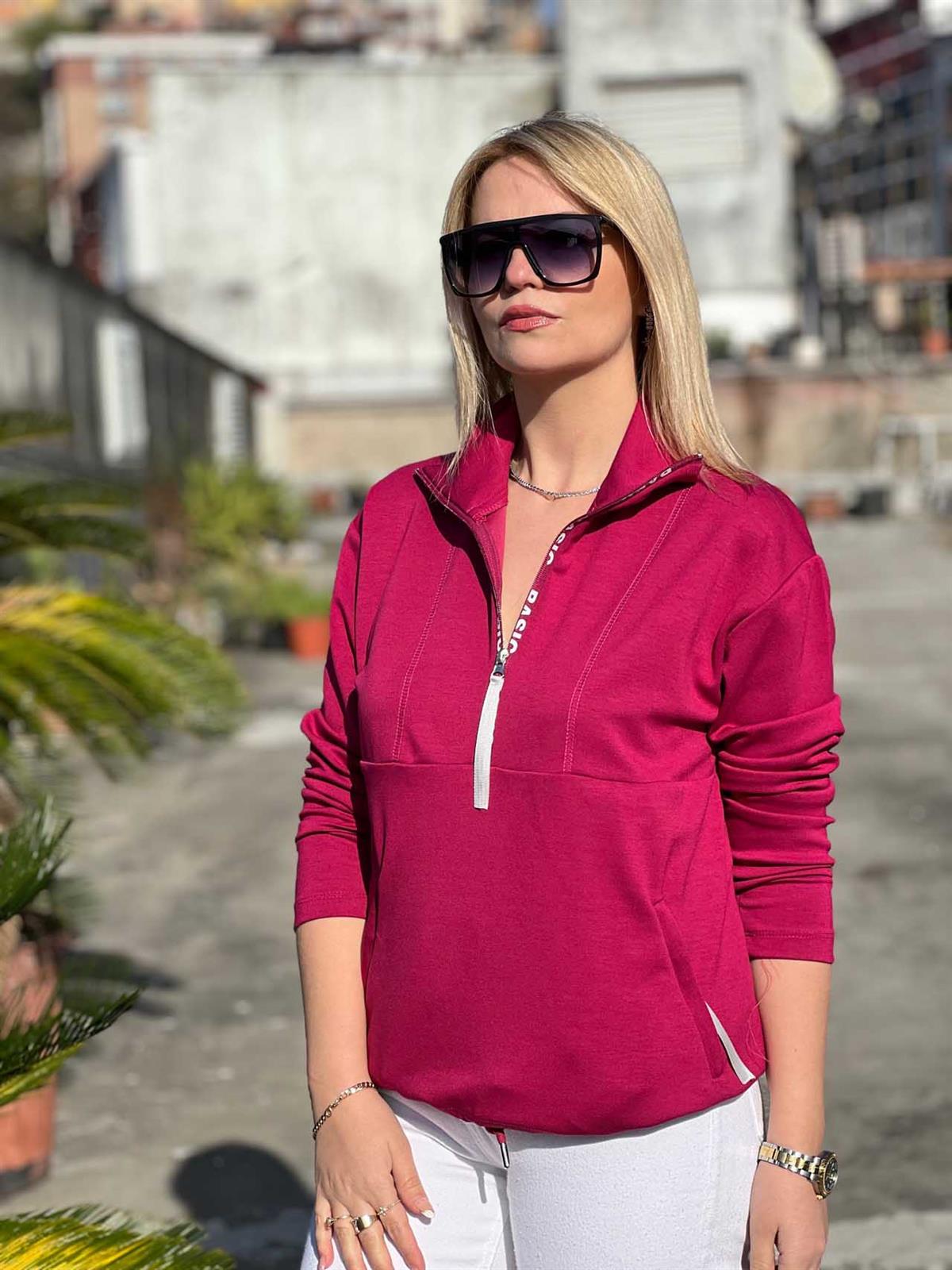 Scuba Kumaş Yarım Fermuar Sweat FUŞYA
