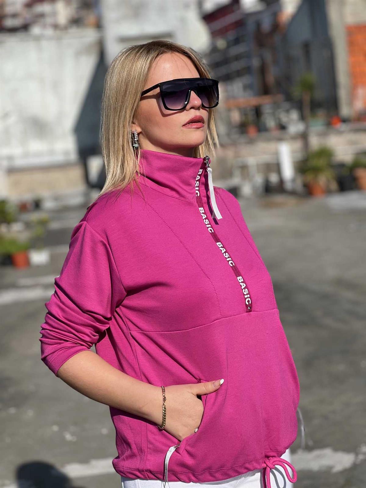 Scuba Kumaş Yarım Fermuar Sweat PEMBE