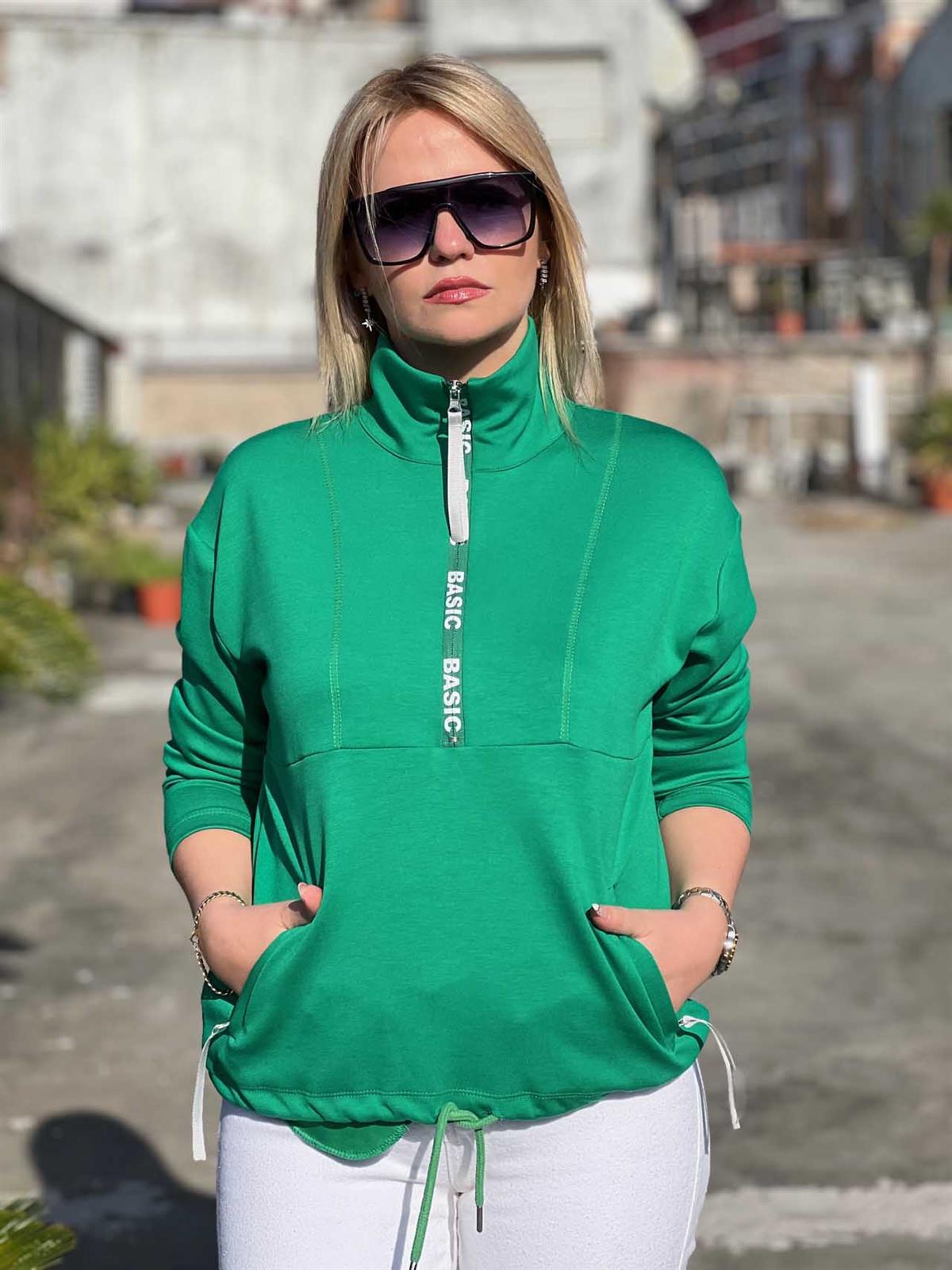 Scuba Kumaş Yarım Fermuar Sweat YEŞİL