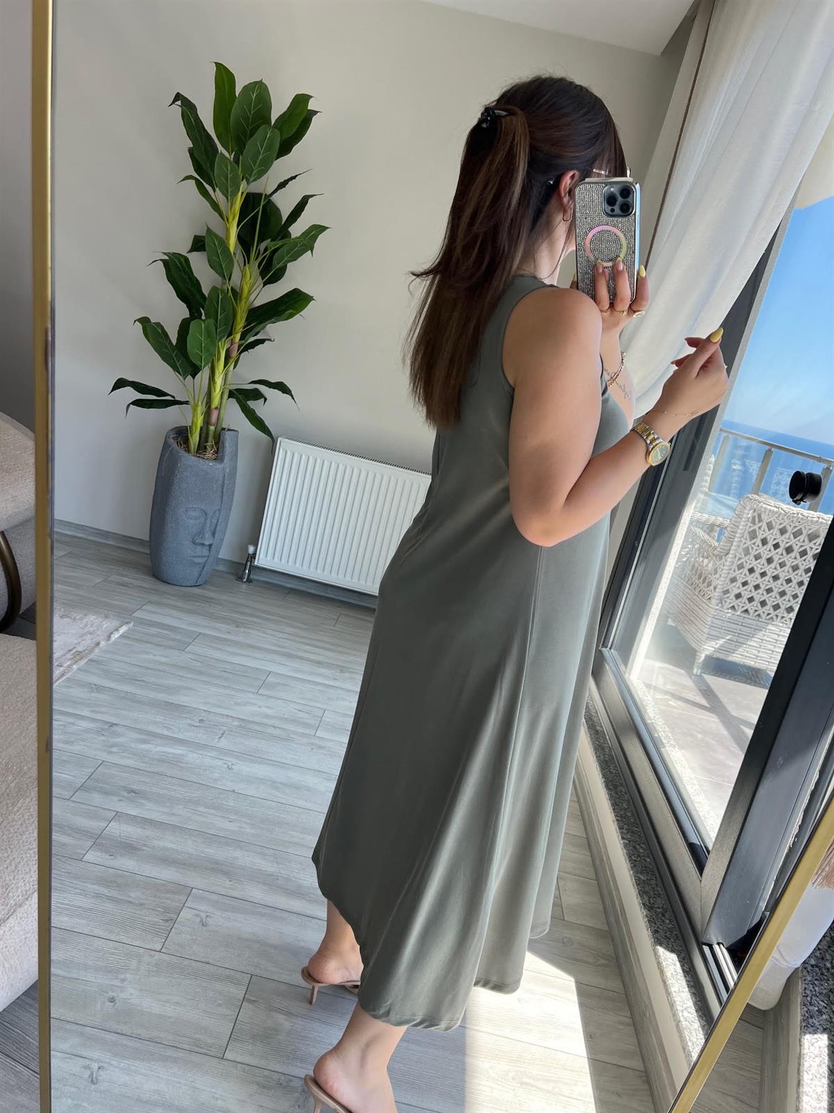 Sıfır Kollu Modal Elbise HAKİ YEŞİL