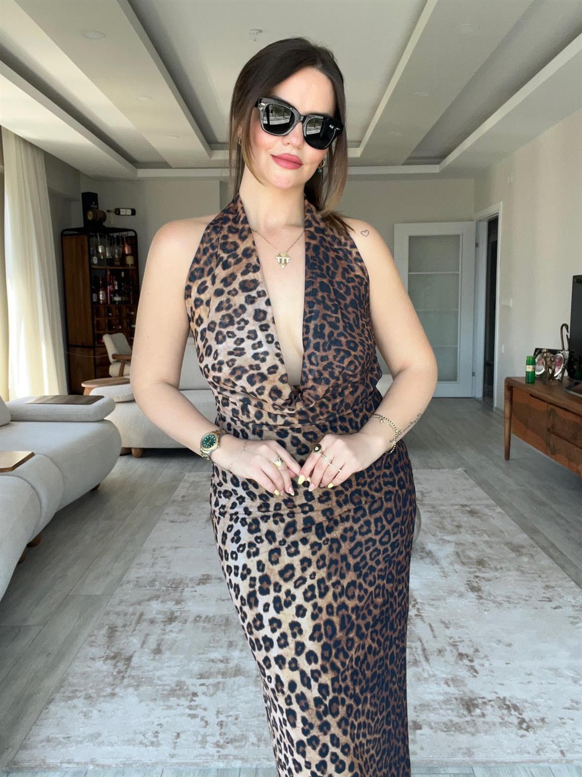 Sırt Dekolte Leopar Elbise LEOPAR