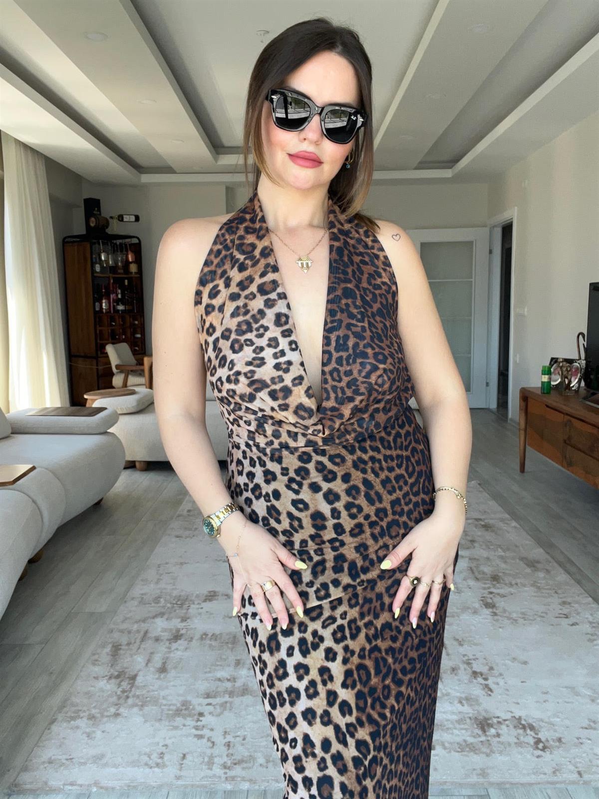 Sırt Dekolte Leopar Elbise LEOPAR