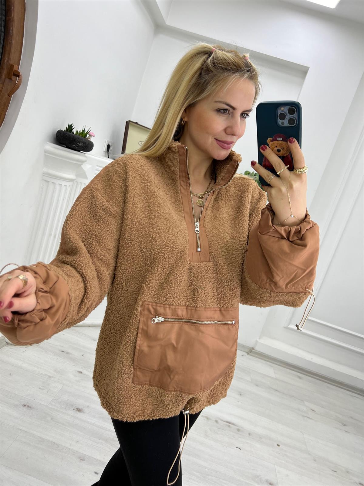 Teddy Yarım Fermuarlı Sweat CAMEL