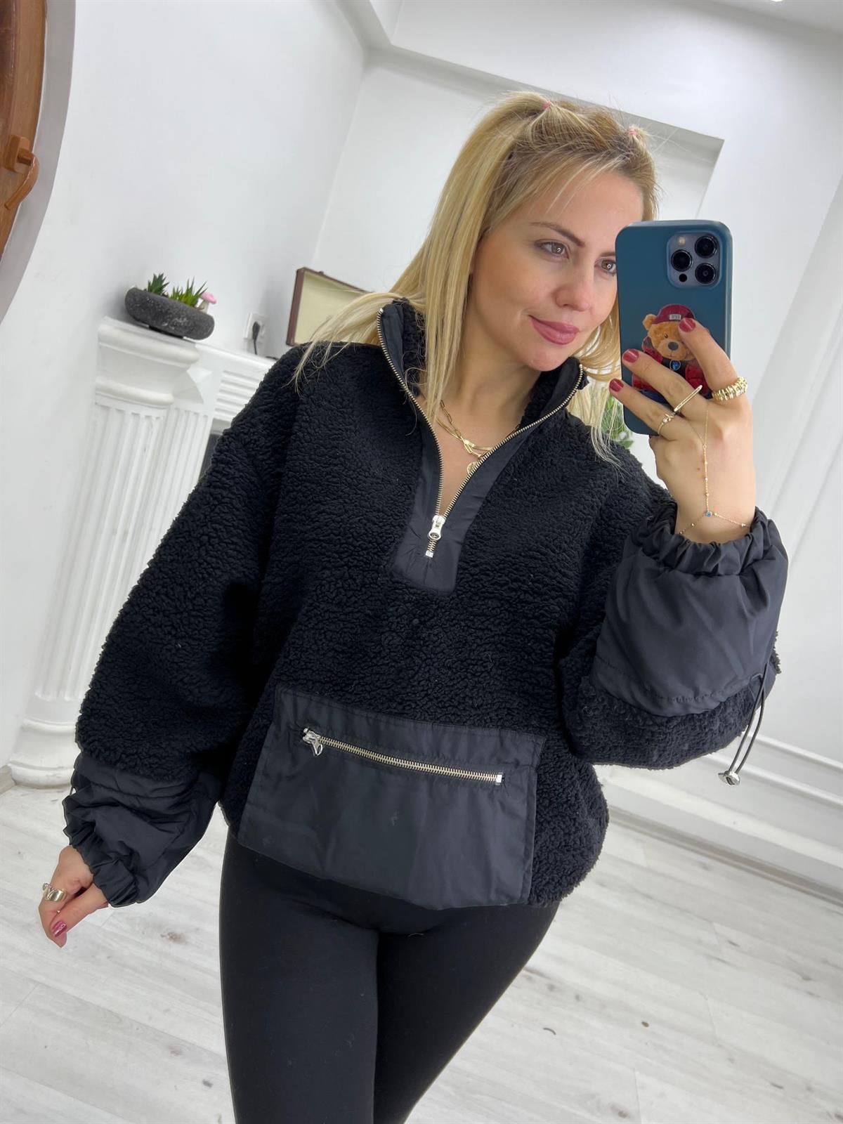 Teddy Yarım Fermuarlı Sweat SİYAH