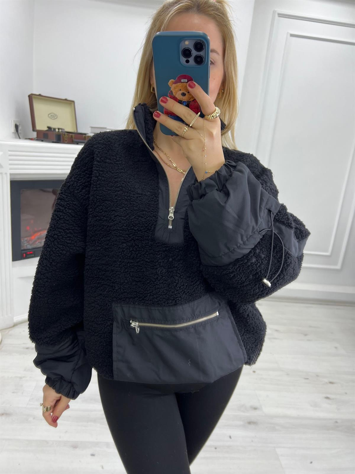 Teddy Yarım Fermuarlı Sweat SİYAH