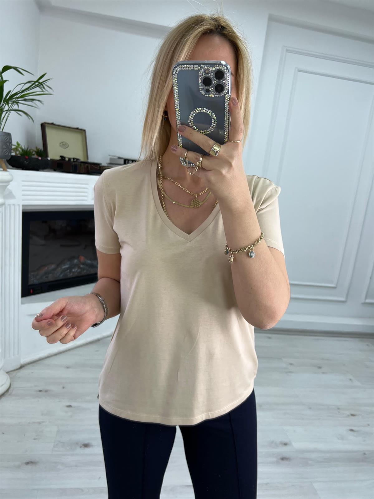 V Yakalı Tshirt BEJ