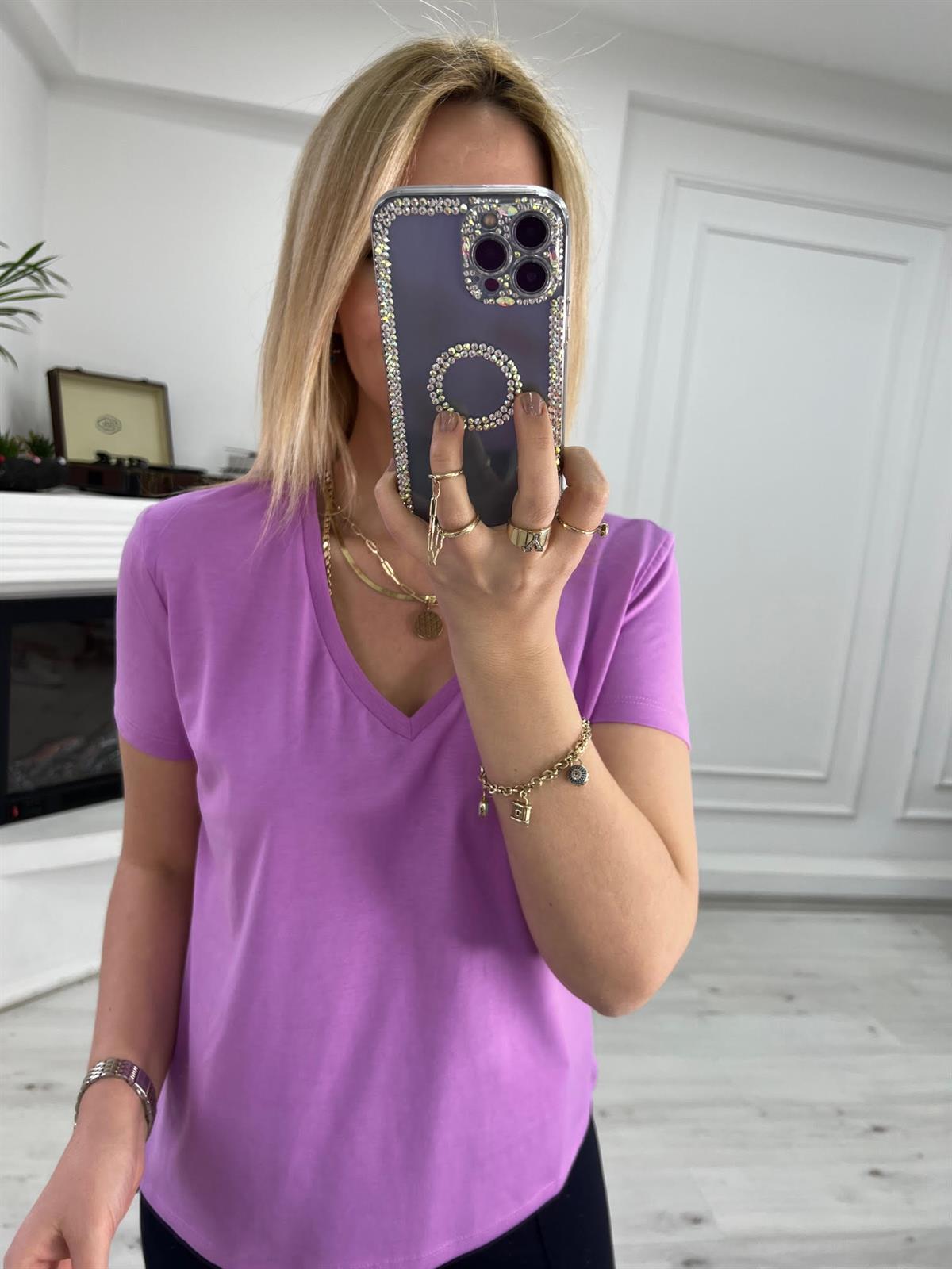 V Yakalı Tshirt LİLA
