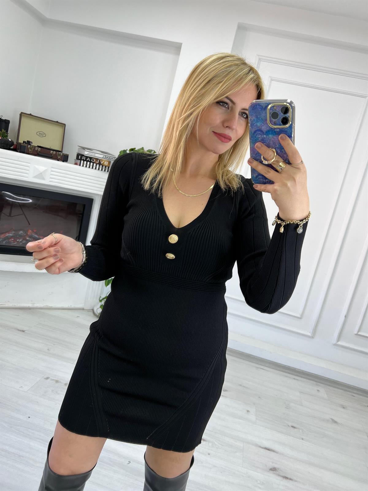 Yaka Gold Düğmeli Triko Elbise SİYAH