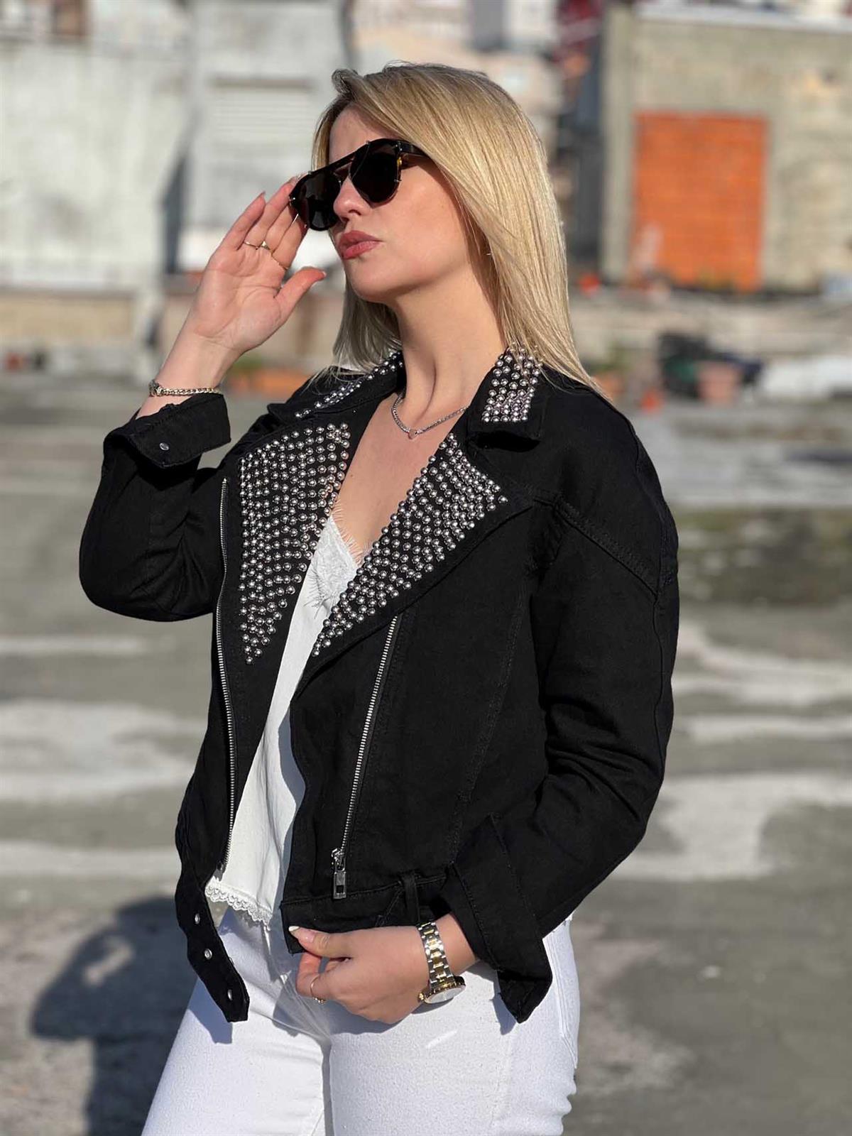 Yaka Zımba Detay Kot Ceket SİYAH
