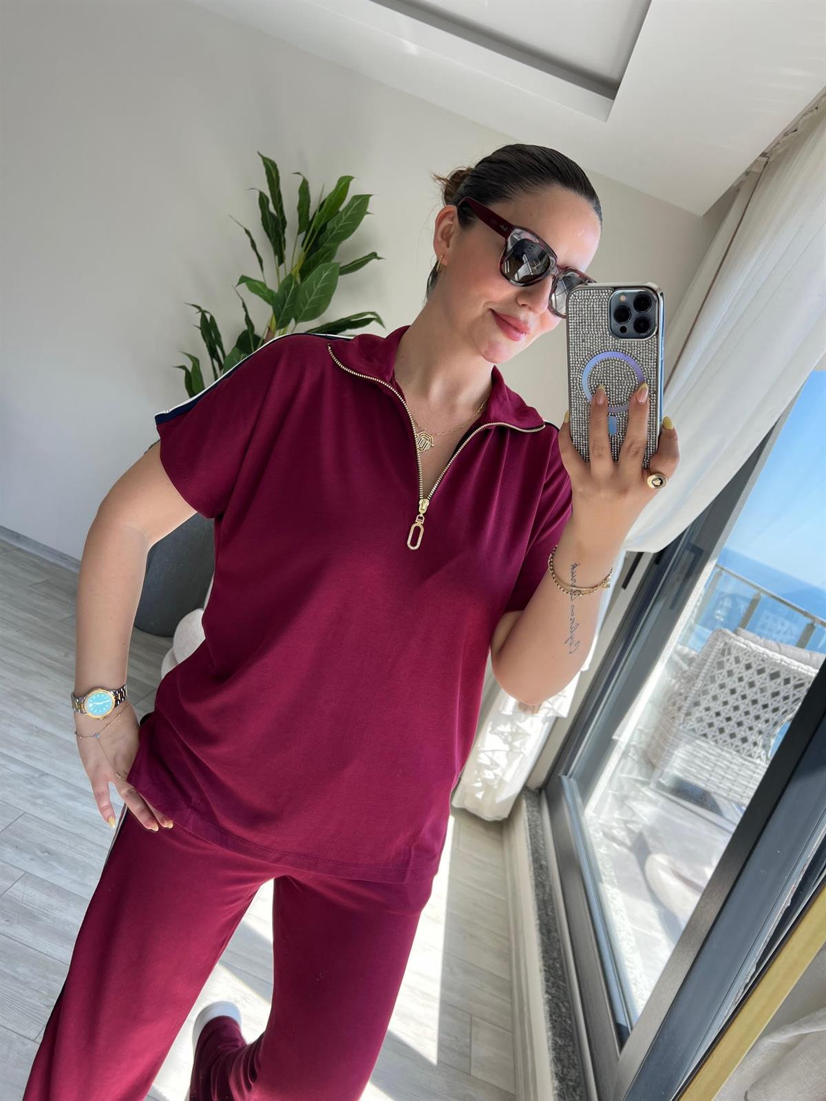 Yarım Fermuar Şeritli Takım BORDO