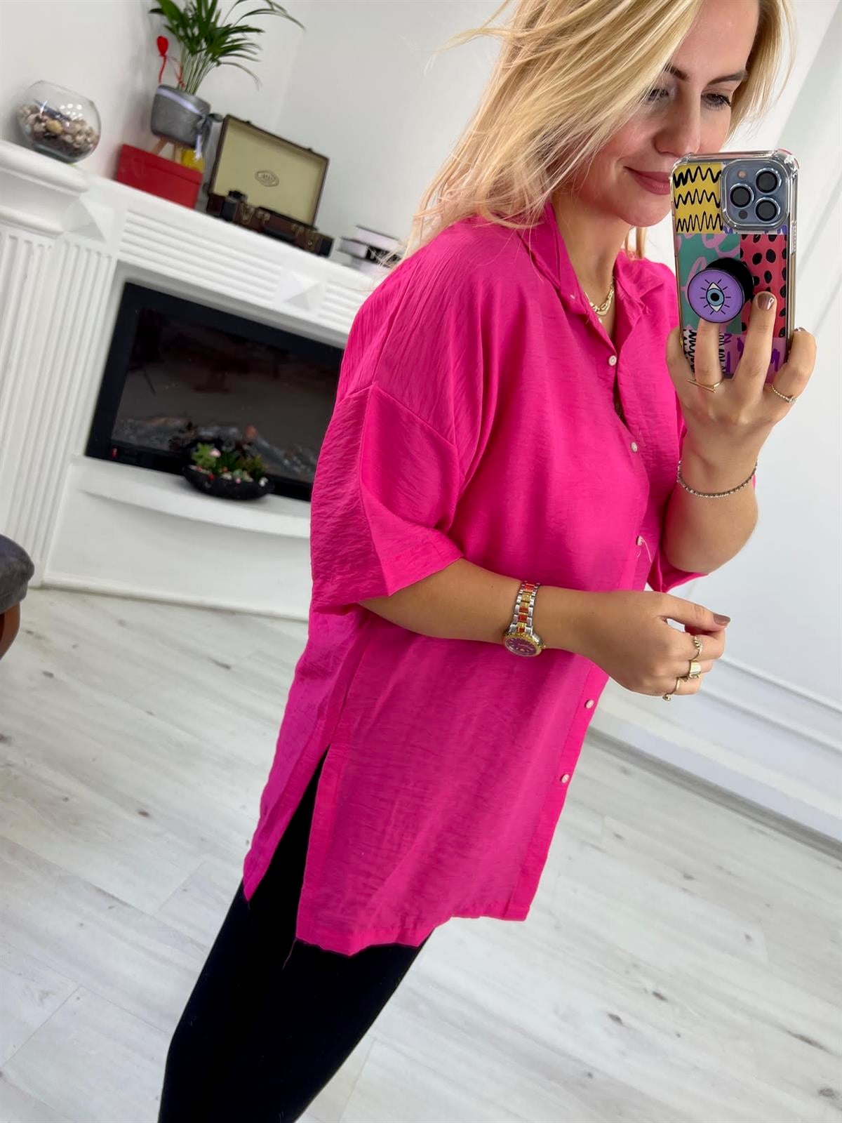 Yarım Kol Tiril Gömlek PEMBE