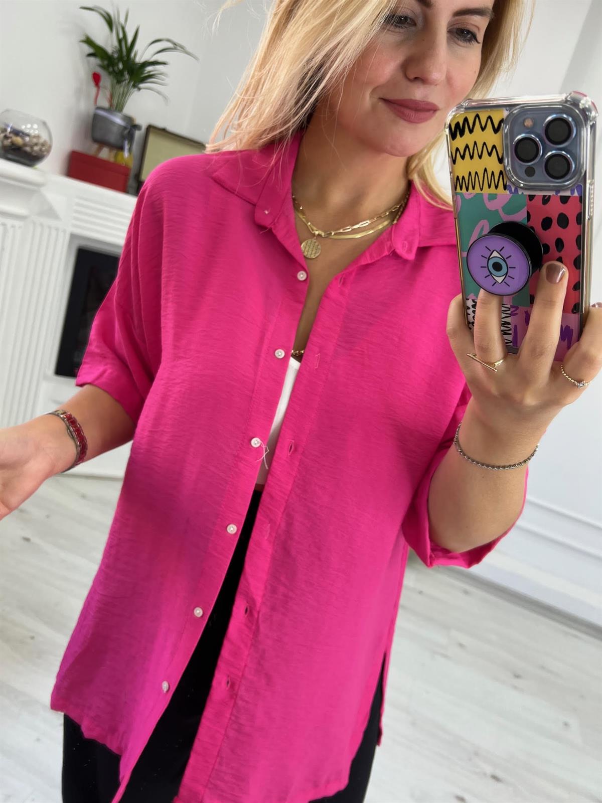 Yarım Kol Tiril Gömlek PEMBE