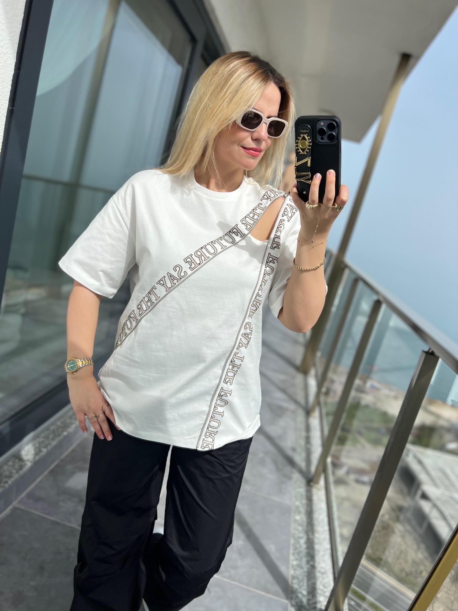 0226 Fermuar Detaylı Tshirt EKRU