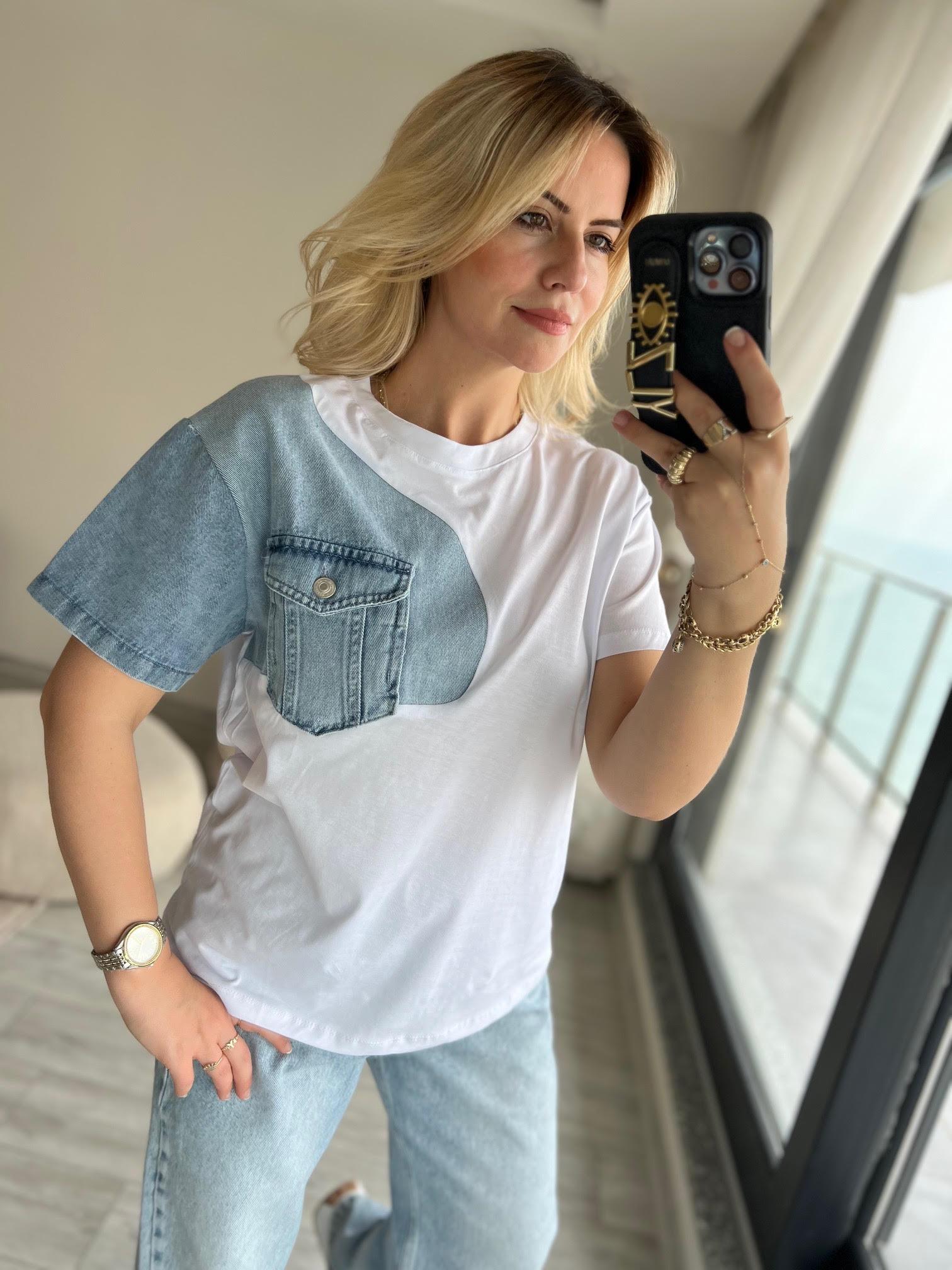034 Cebi Jean Detaylı Tshirt BEYAZ