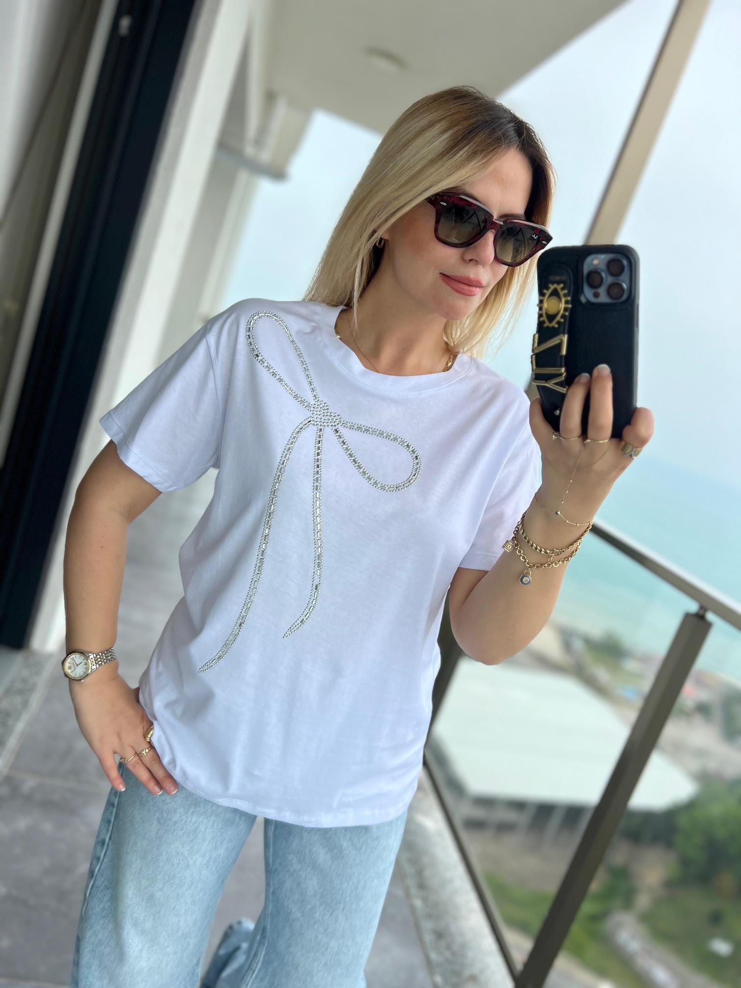 044 Taşlı Fiyonklu Tshirt BEYAZ