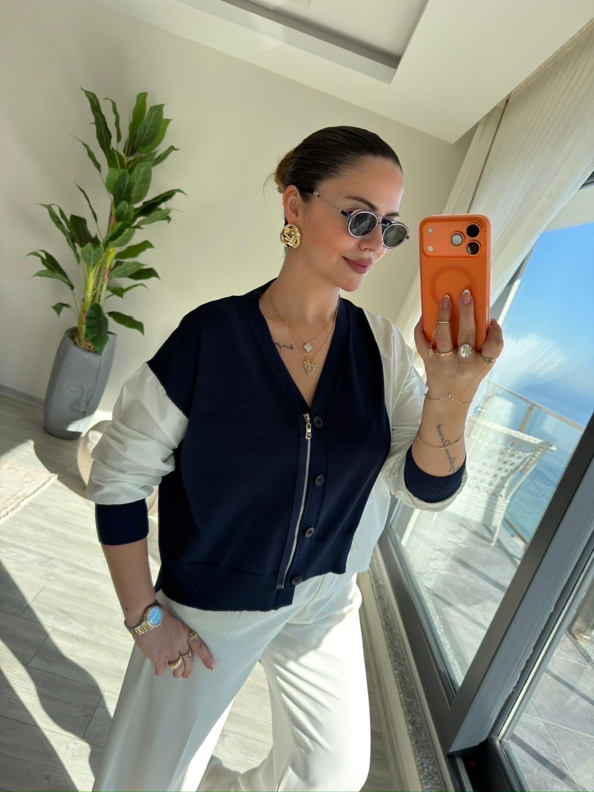 0610 Kumaş Detaylı Bluz LACİVERT