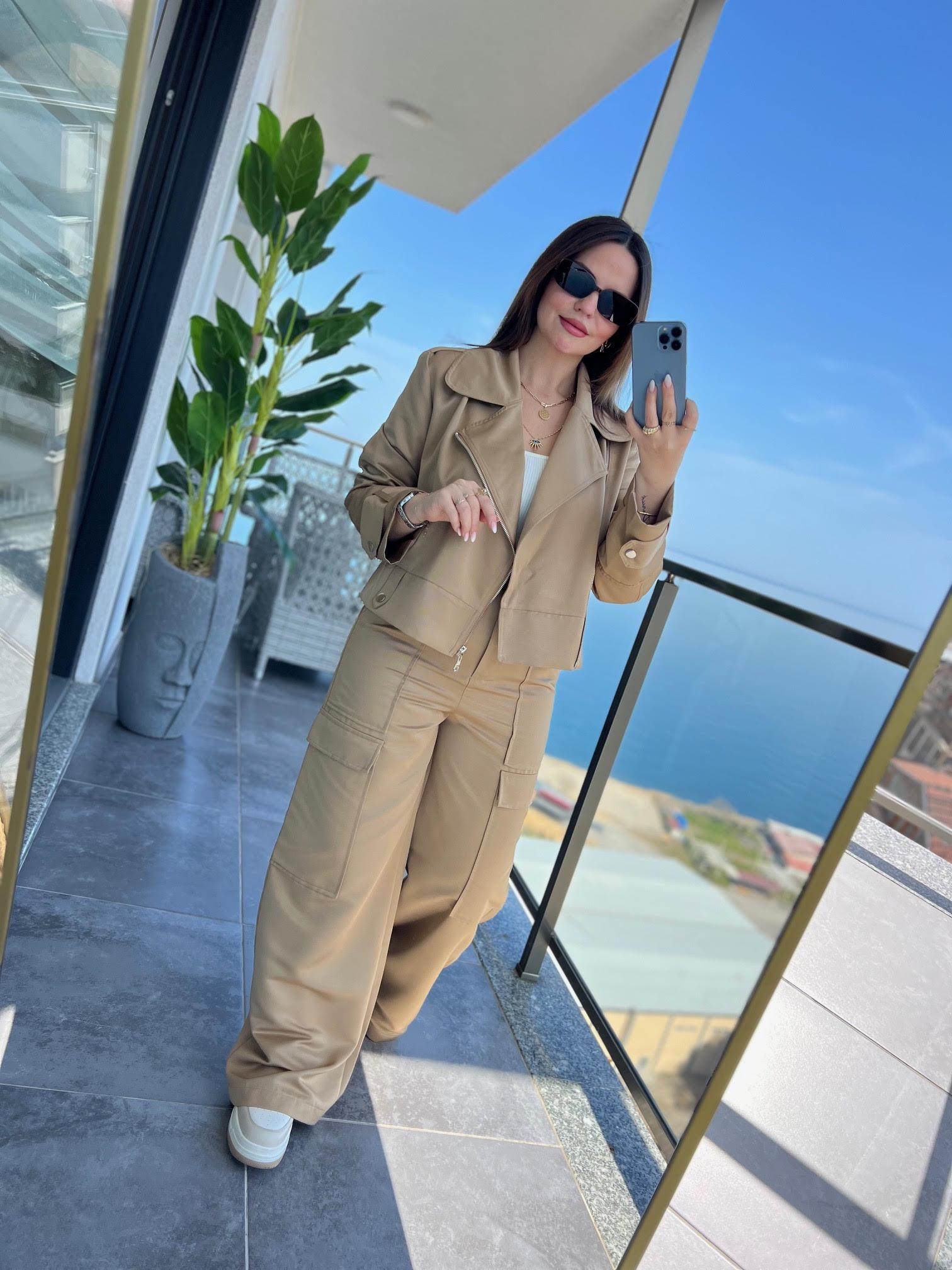 0655 Oversize Biker Ceket Pantolon Takım BEJ