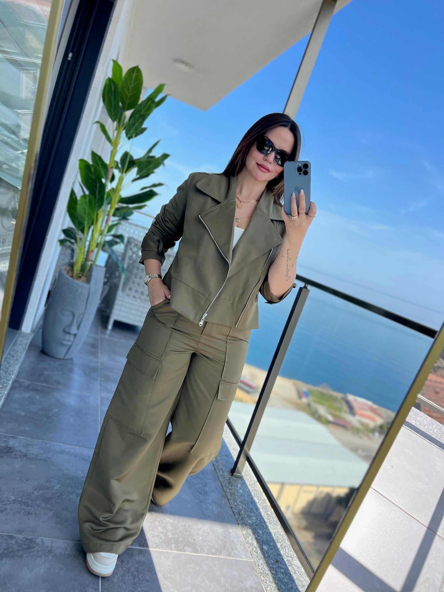 0655 Oversize Biker Ceket Pantolon Takım HAKİ YEŞİL