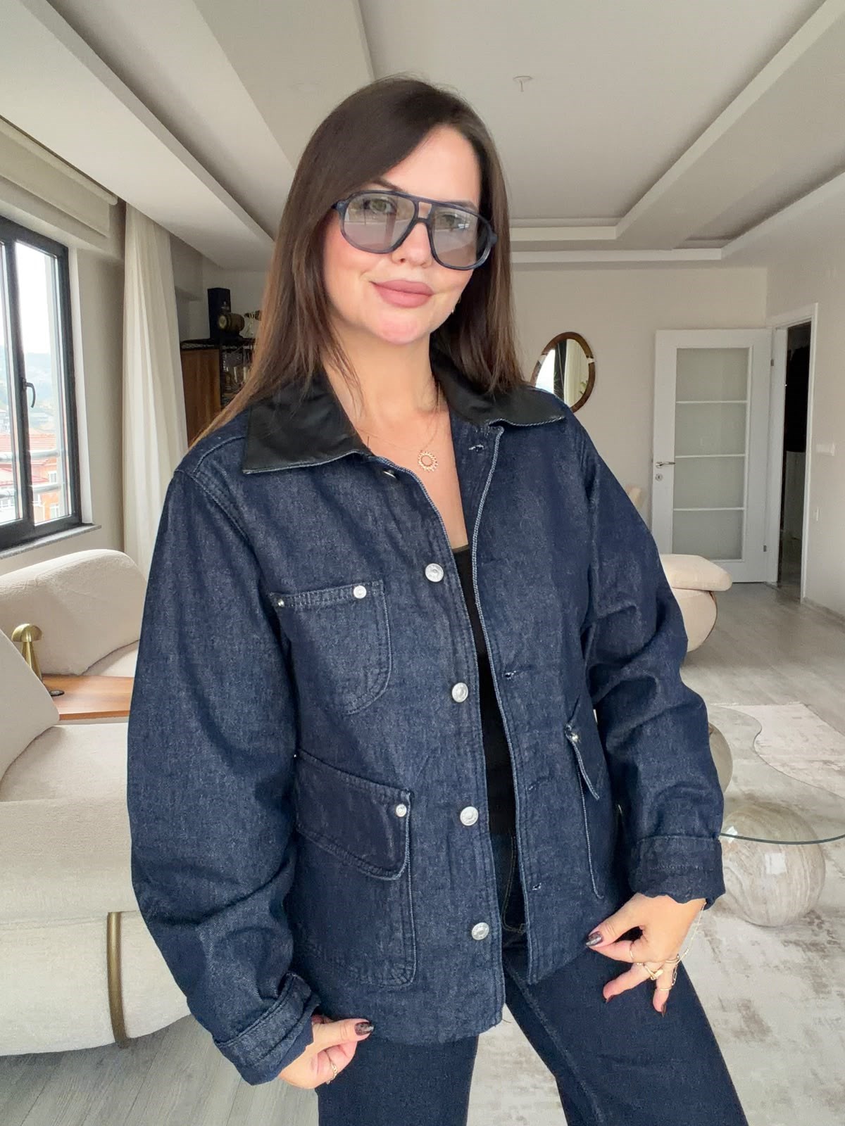 0660 Deri Yaka Denim Ceket LACİVERT