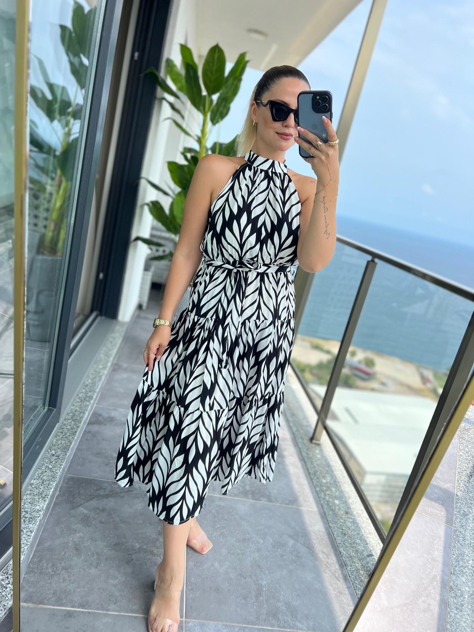 07 Halter Yaka Elbise YAPRAK DESEN