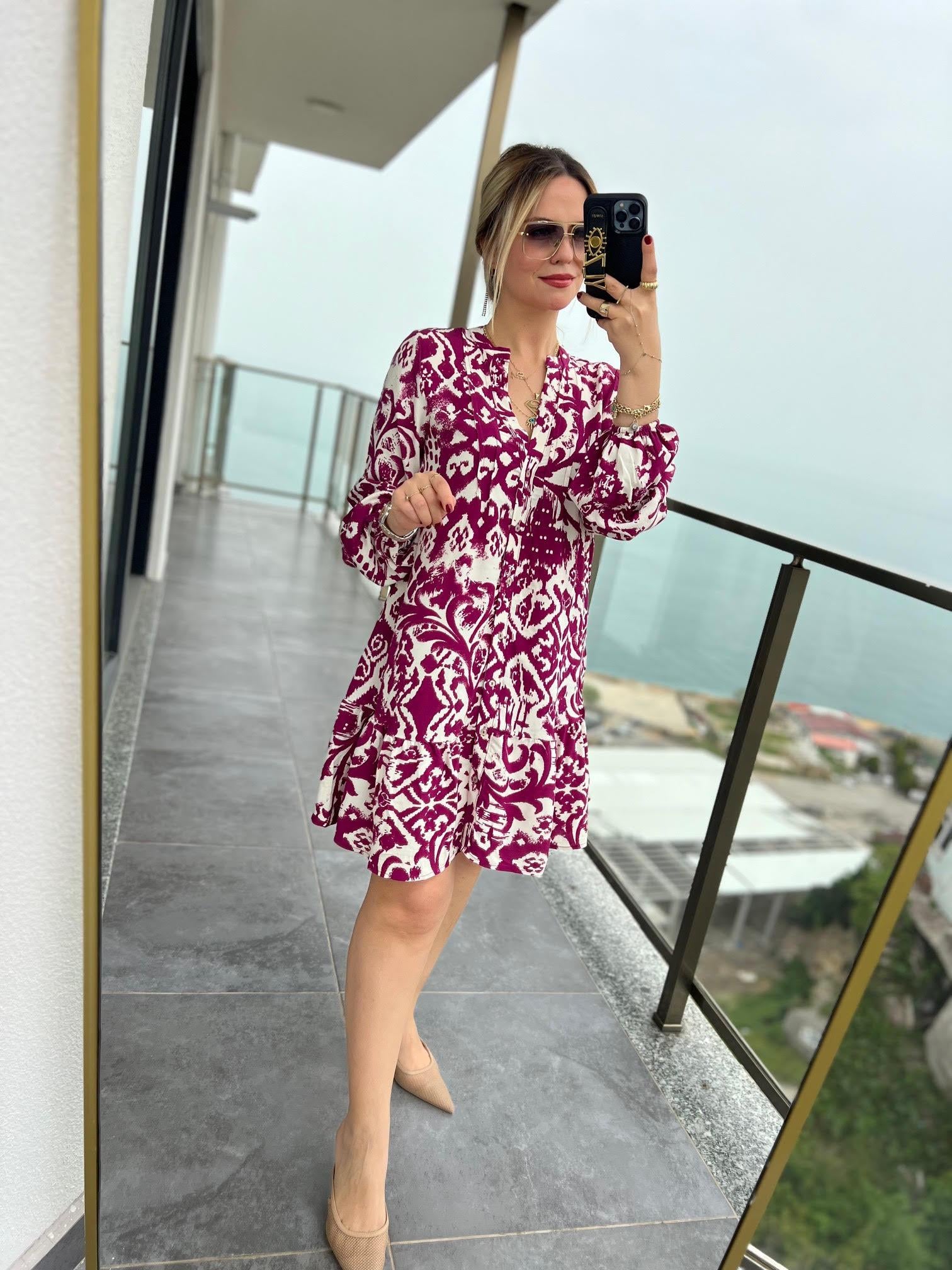 0755 Desenli Kısa Elbise PEMBE
