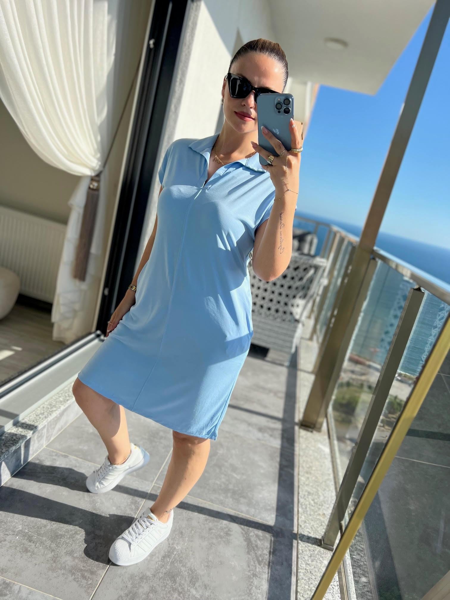 1015 Polo Yaka Modal Kumaş Elbise BEBE MAVİ