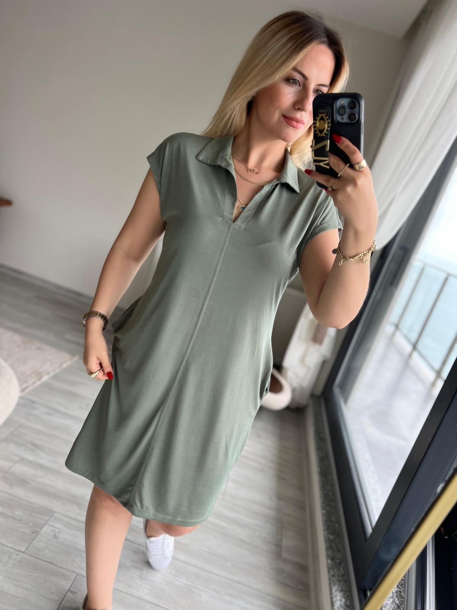 1015 Polo Yaka Modal Kumaş Elbise HAKİ YEŞİL