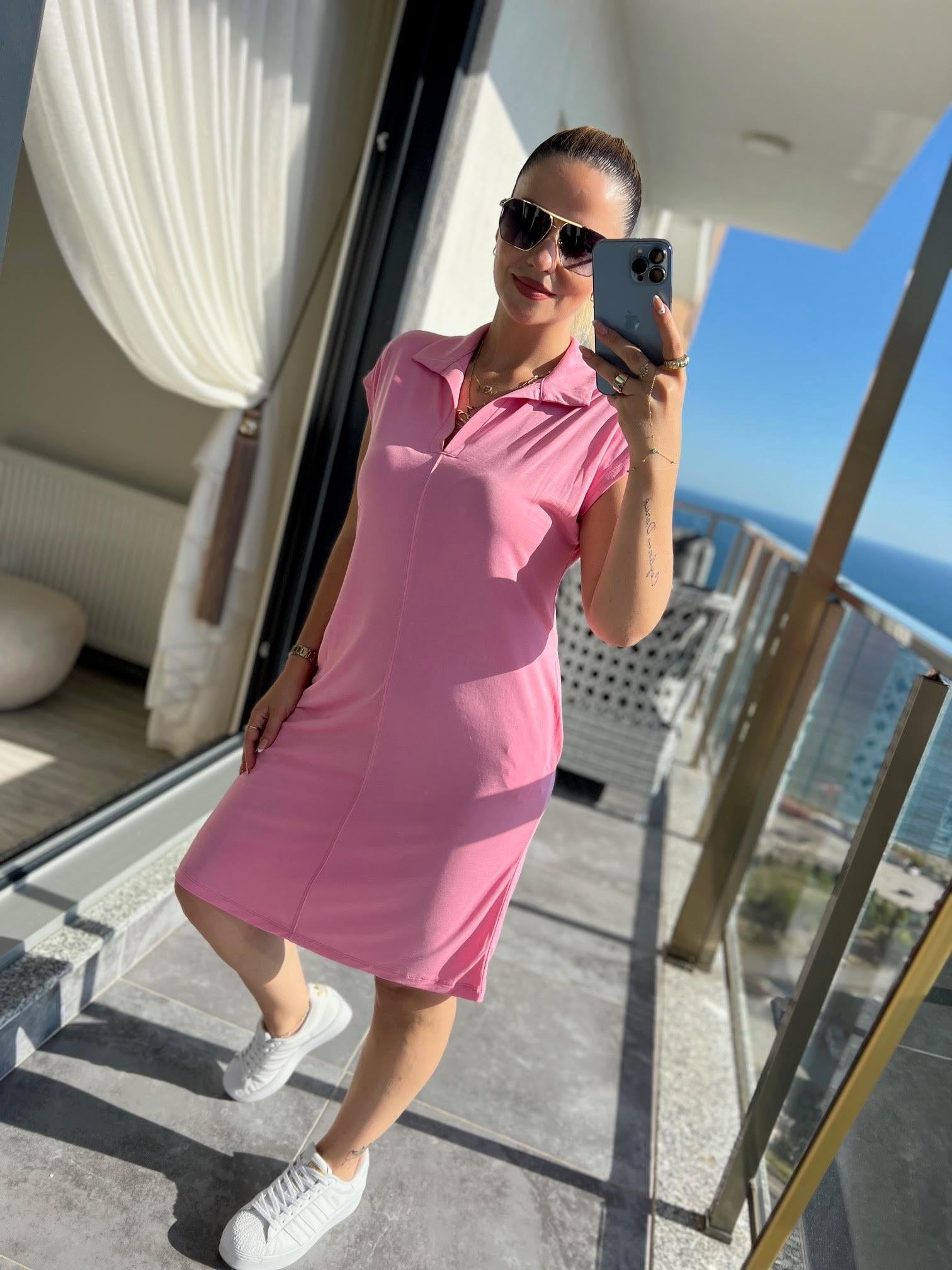 1015 Polo Yaka Modal Kumaş Elbise PEMBE