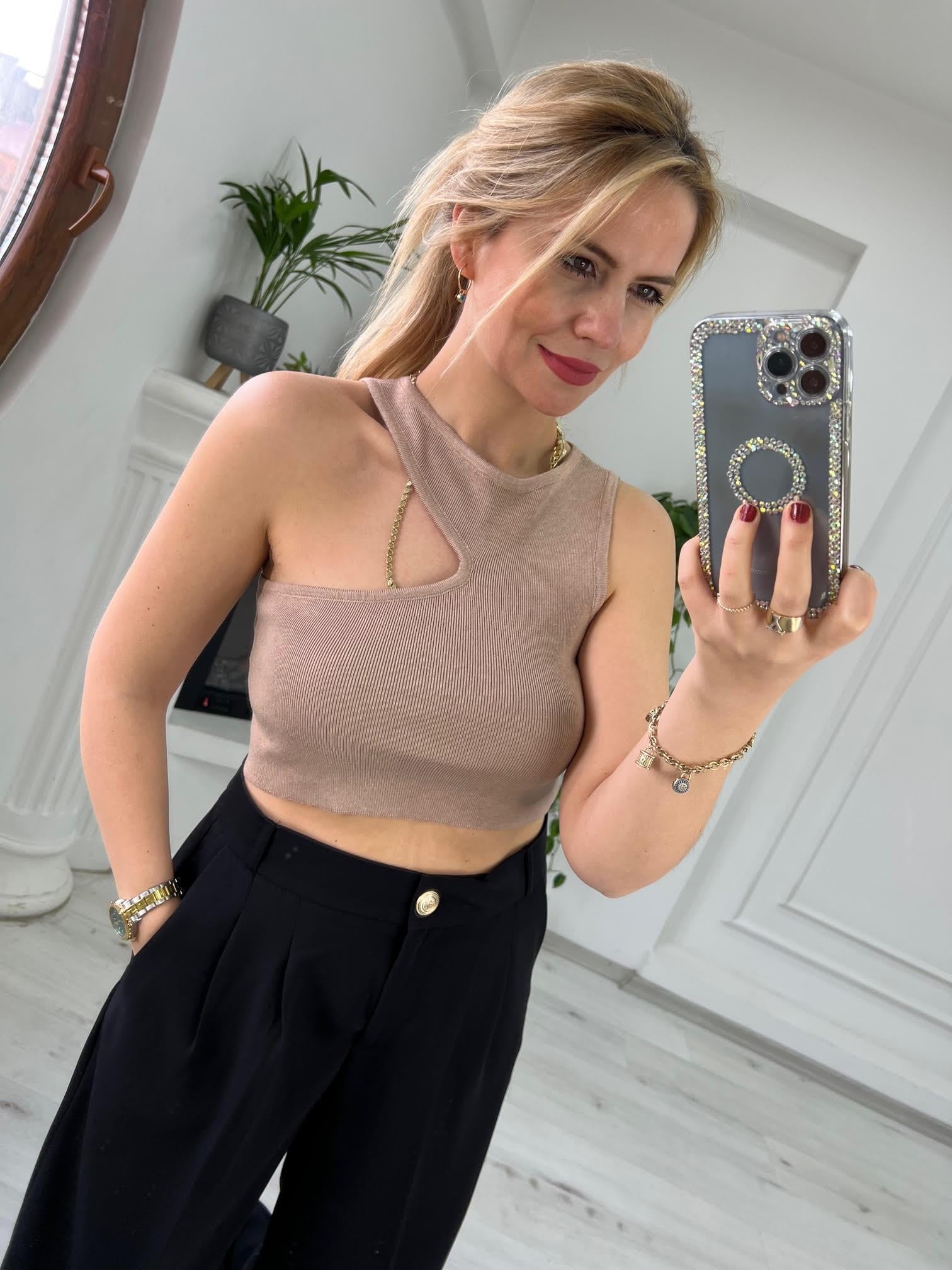 10173 Bisiklet Yaka Dekolte Crop BEJ