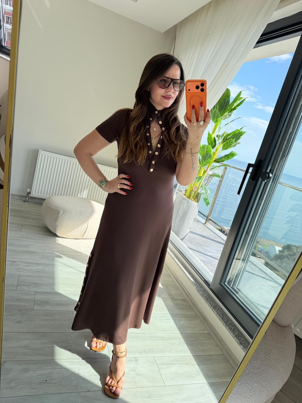 1023 Yarım Kol Patlı Elbise KAHVE