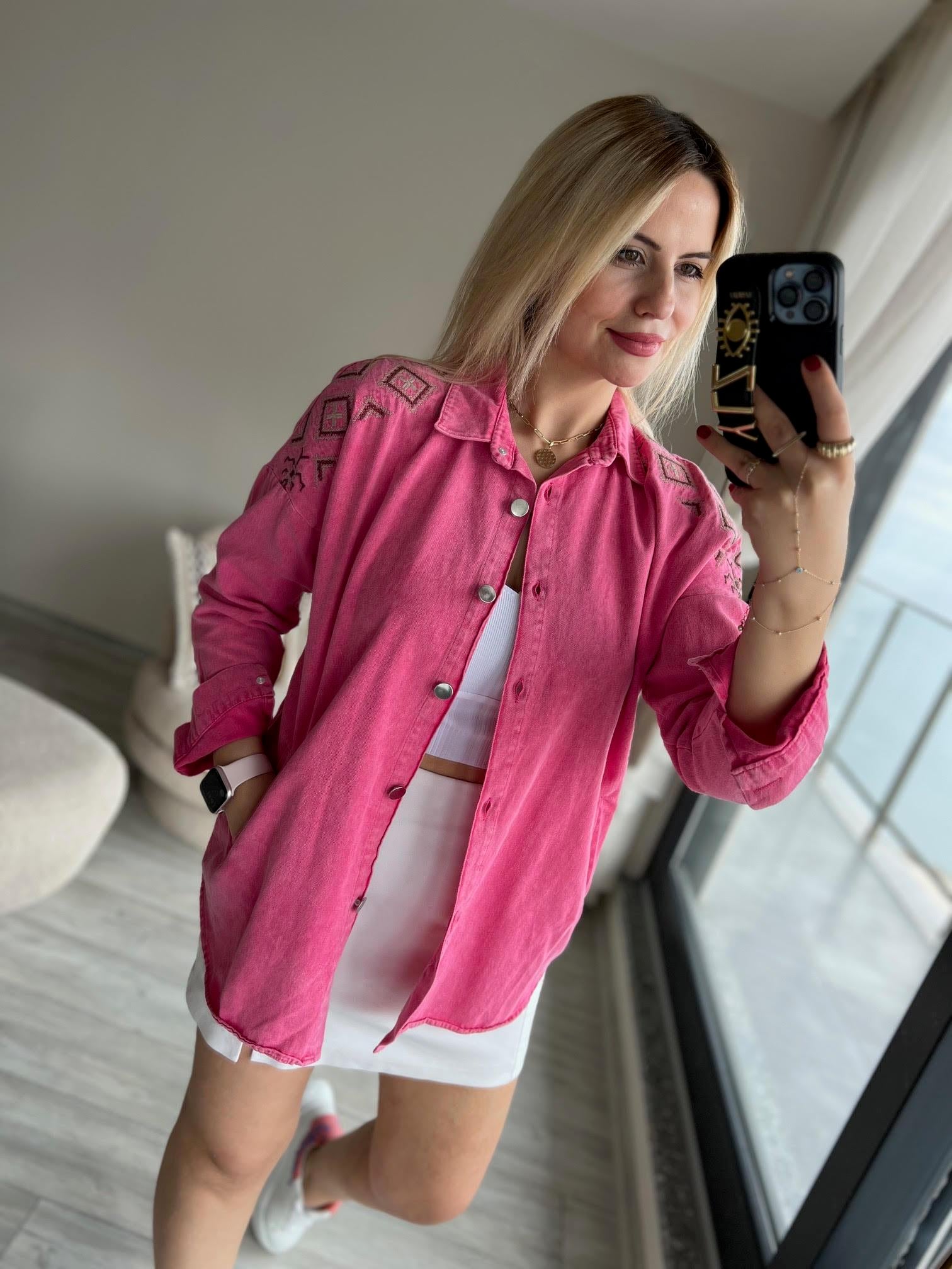 116 Nakışlı Gabardin Gömlek PEMBE