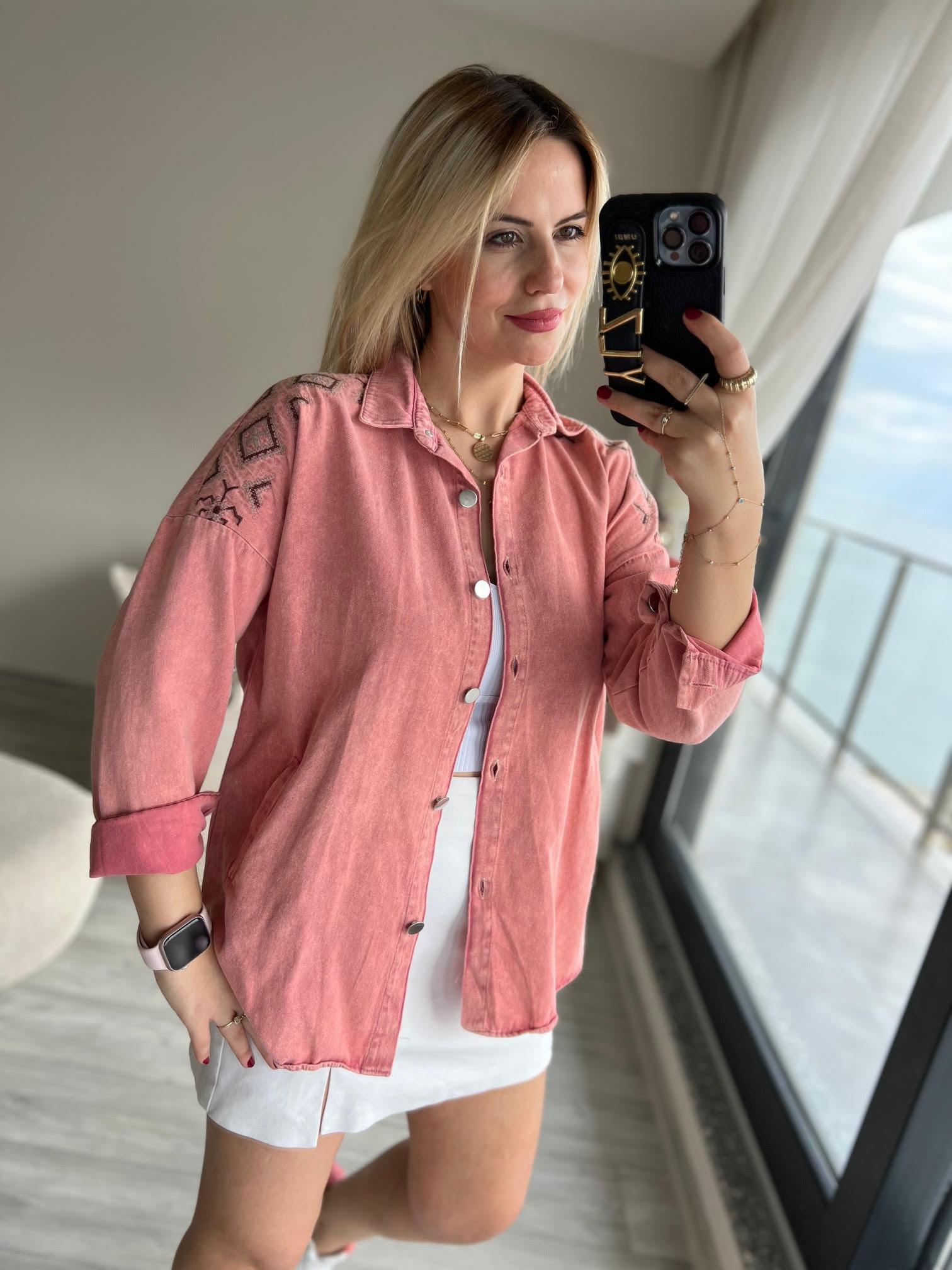 116 Nakışlı Gabardin Gömlek PUDRA