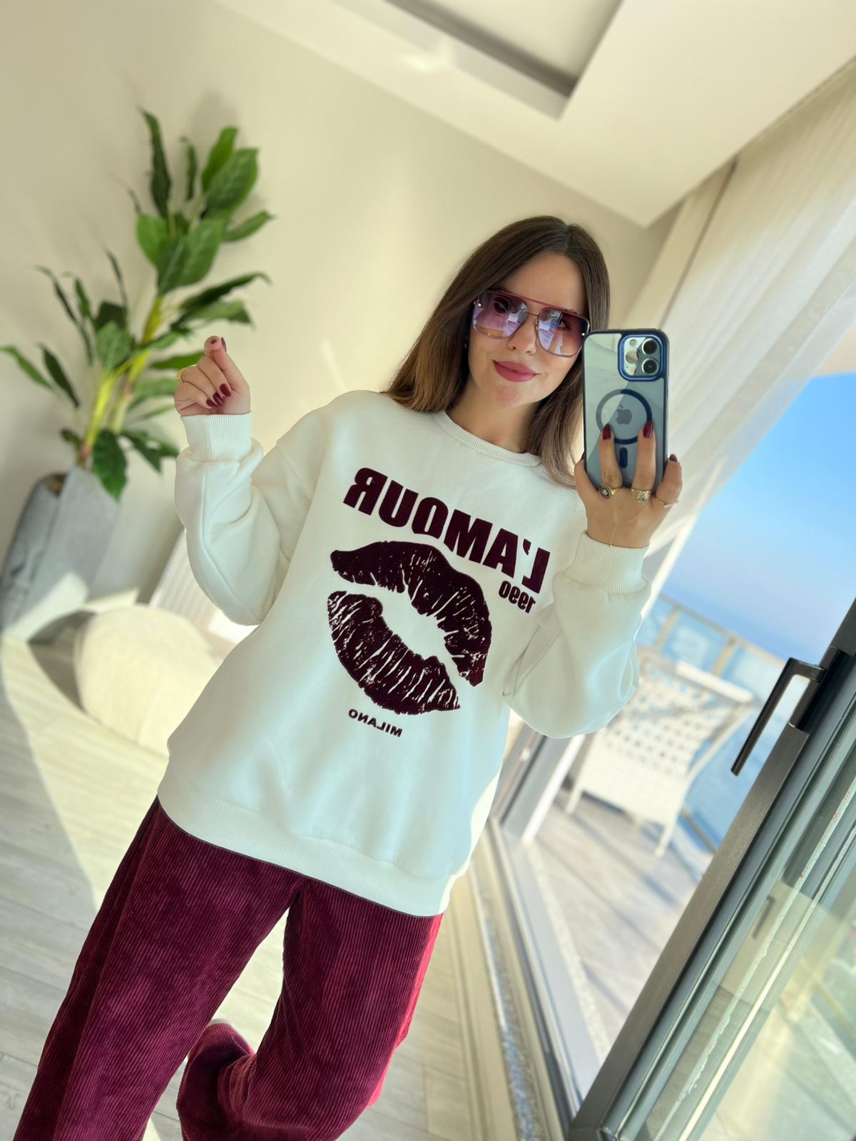 1289 Kadife Yazılı Sweat EKRU