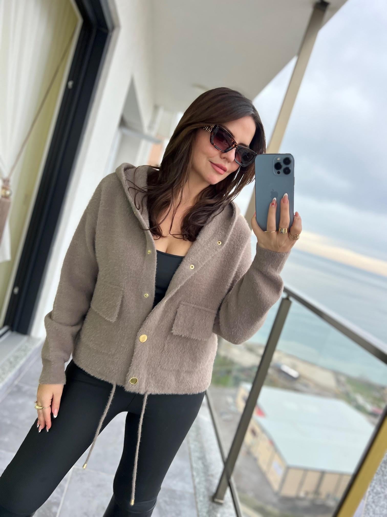 14944 Angora Kapüşonlu Düğmeli Hırka VİZON