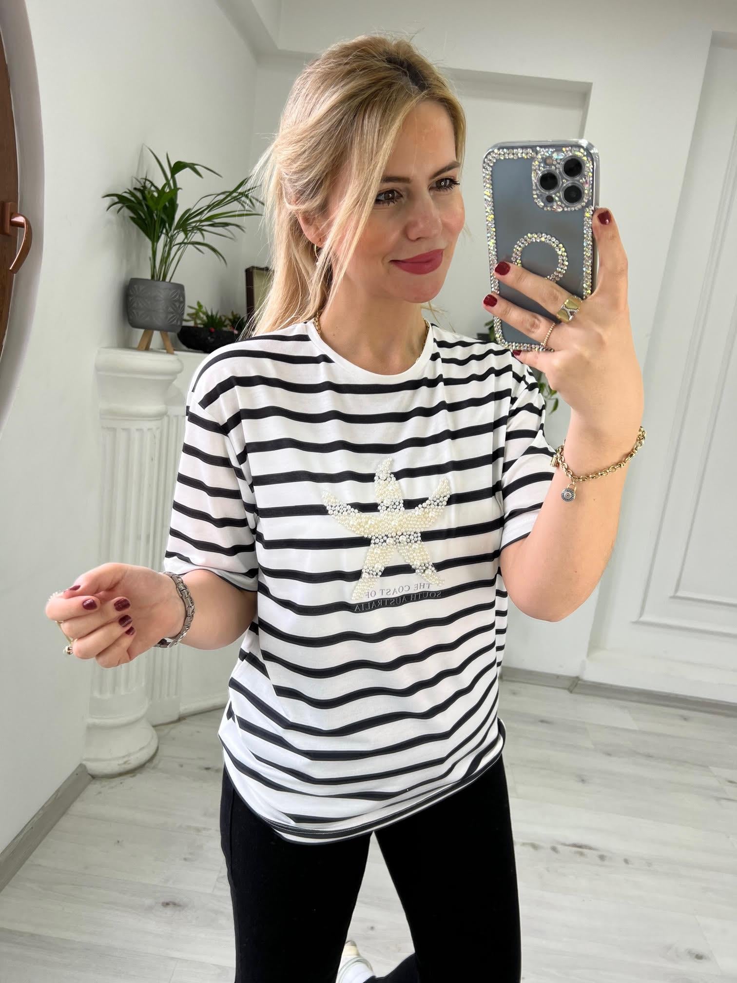 20563 Önü Yıldız İncili Tshirt BEYAZ