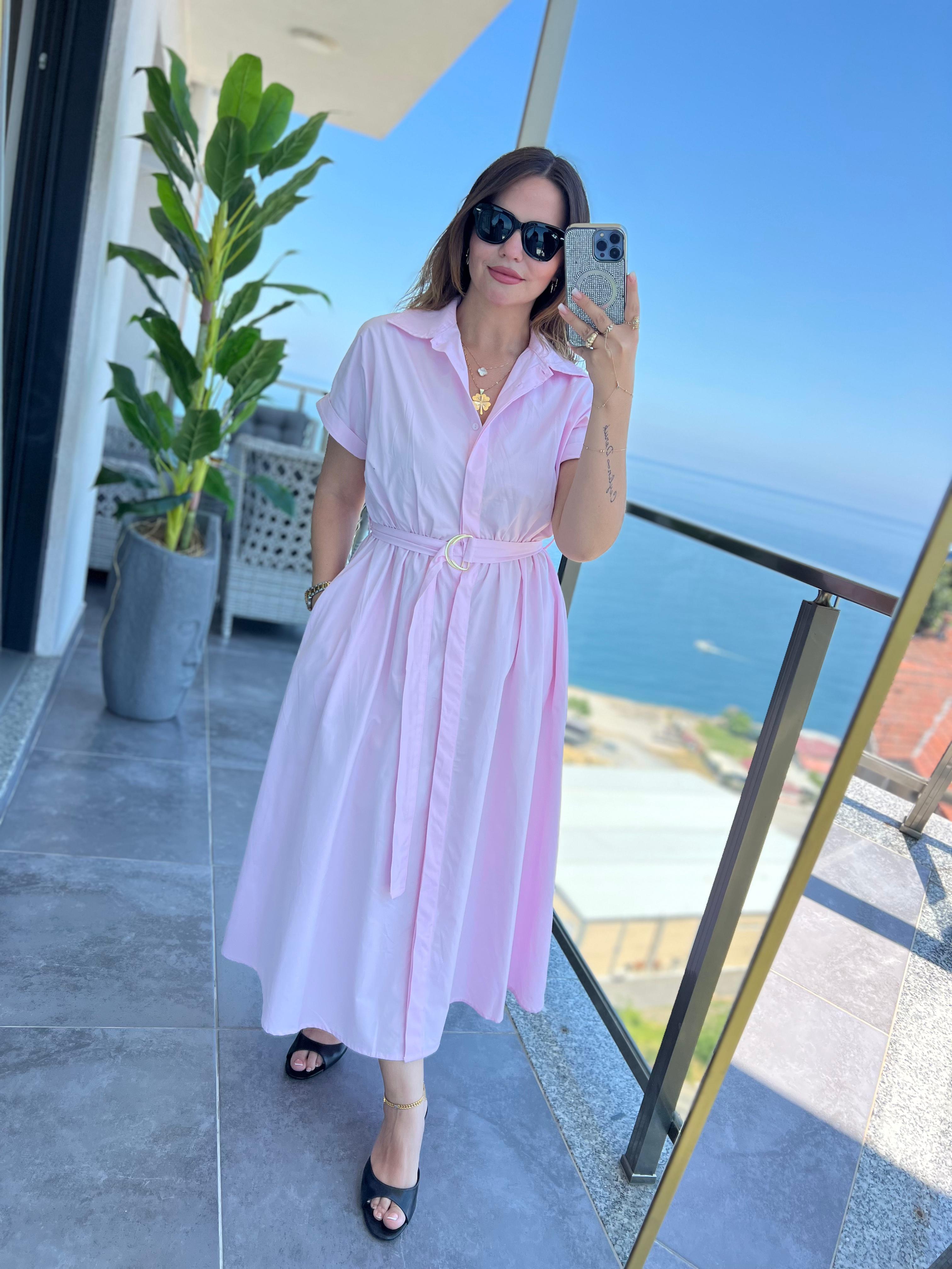 2075 Kemerli Elbise PEMBE
