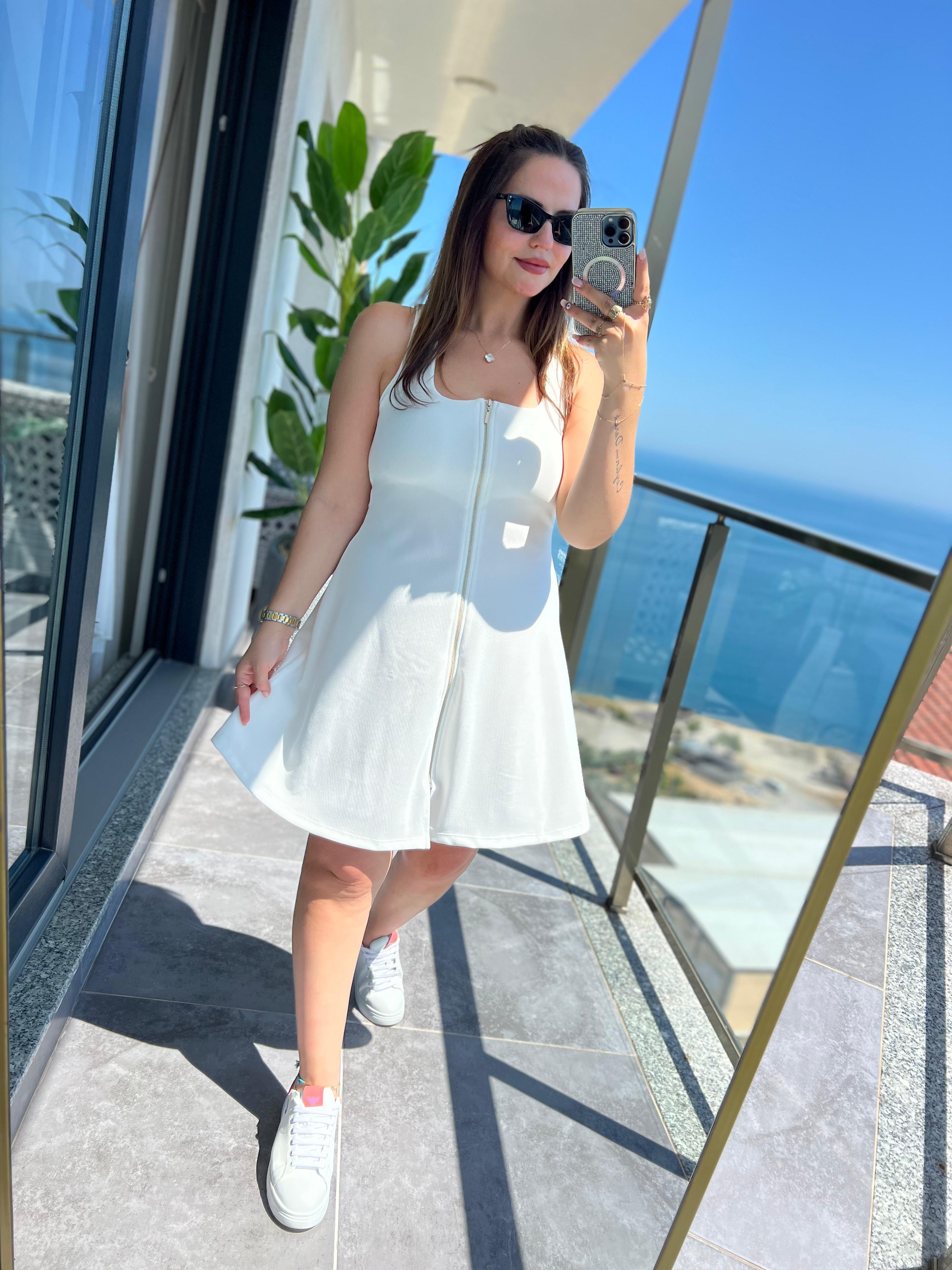 2138 Fermuarlı Ottoban Mini Elbise BEYAZ