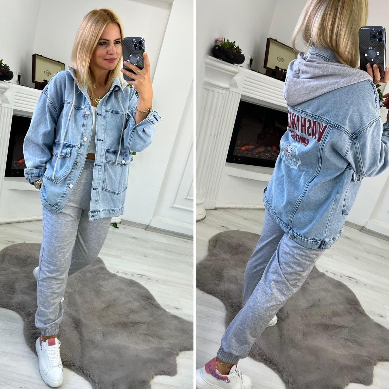 2140 Washınton Baskılı Jean Ceket BUZ MAVİSİ