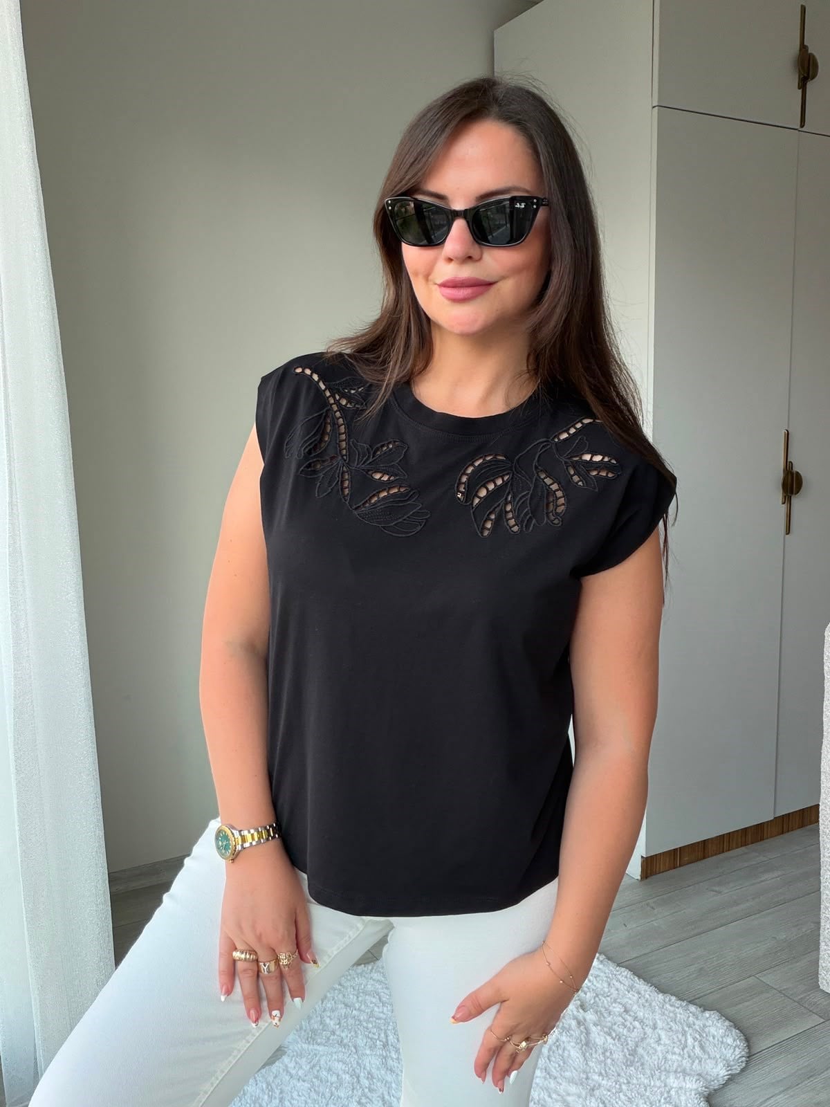 2248 Cutvark Nakış detay Tshirt SİYAH