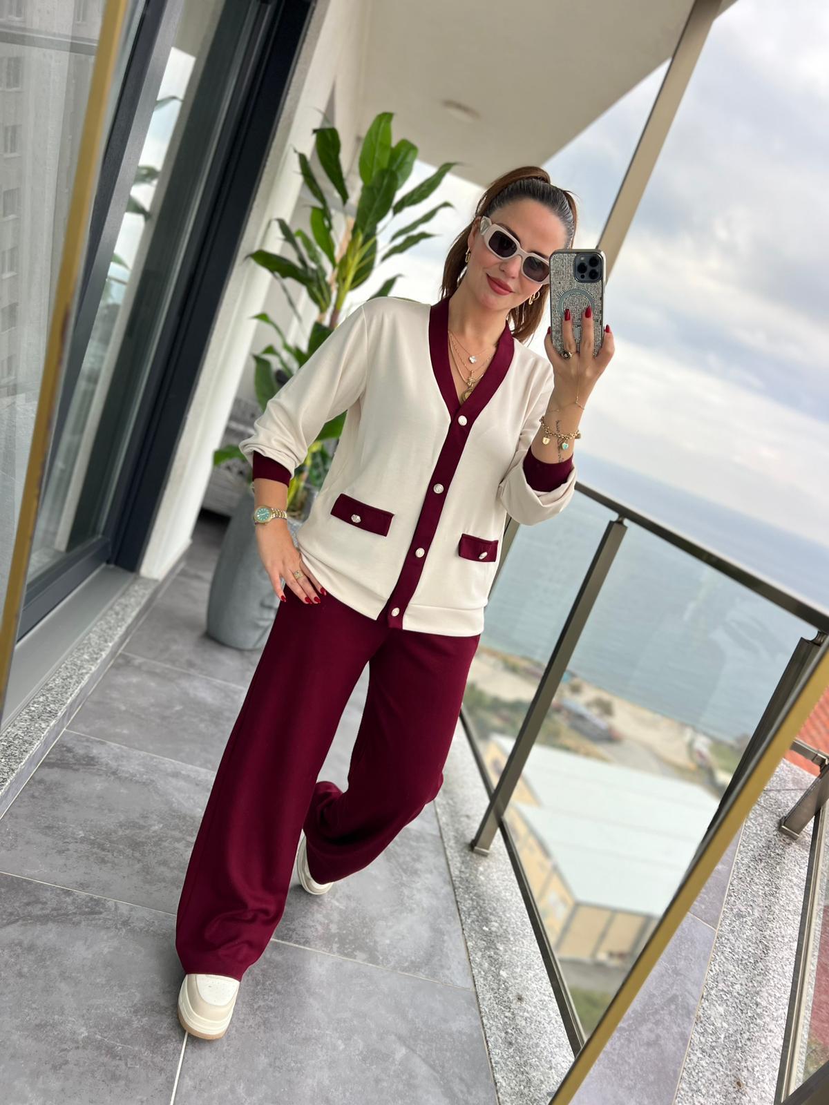 2302 Gold Düğmeli Hırka Takım BORDO