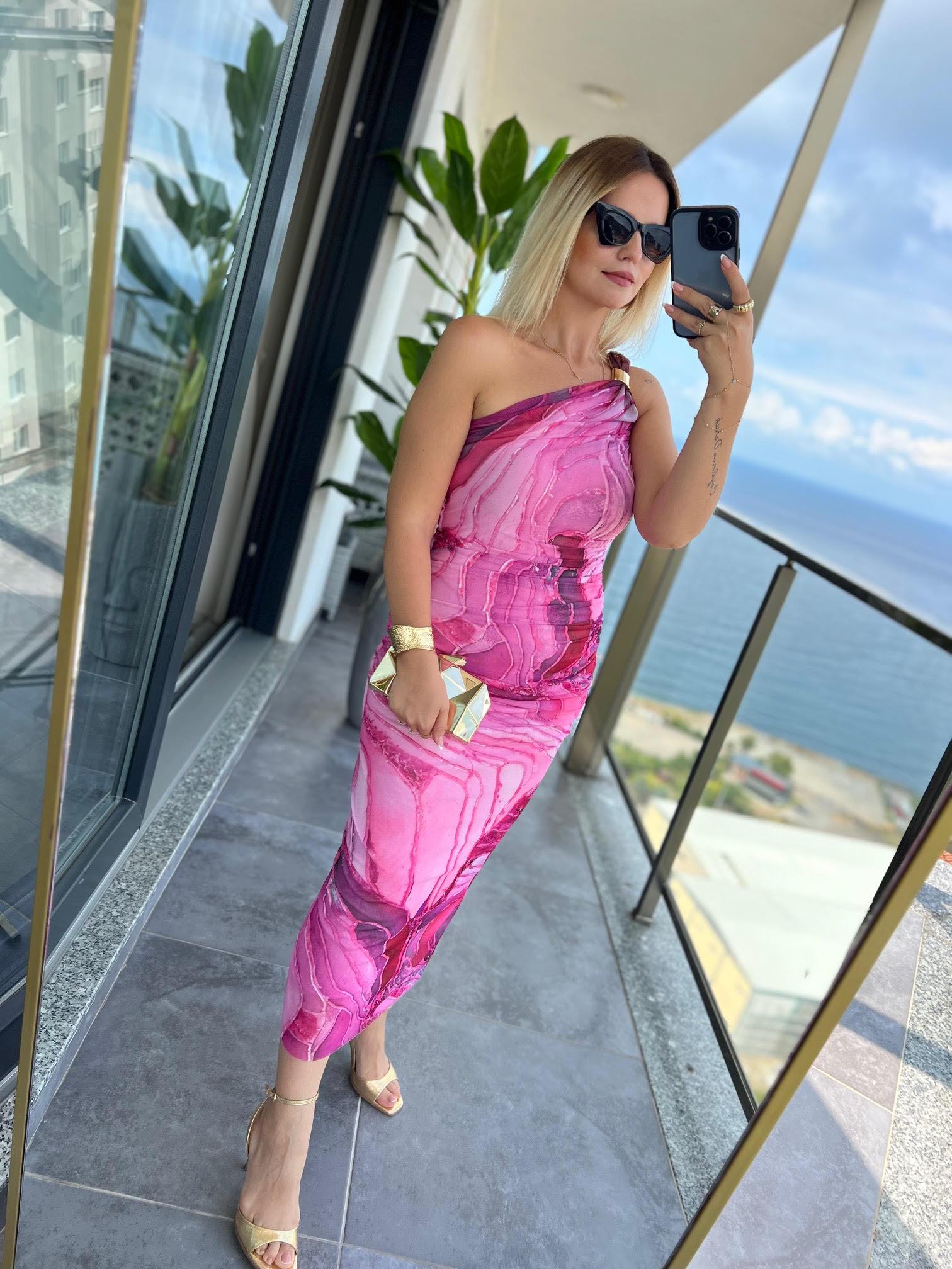 231613 Tek Kollu Desenli Elbise PEMBE