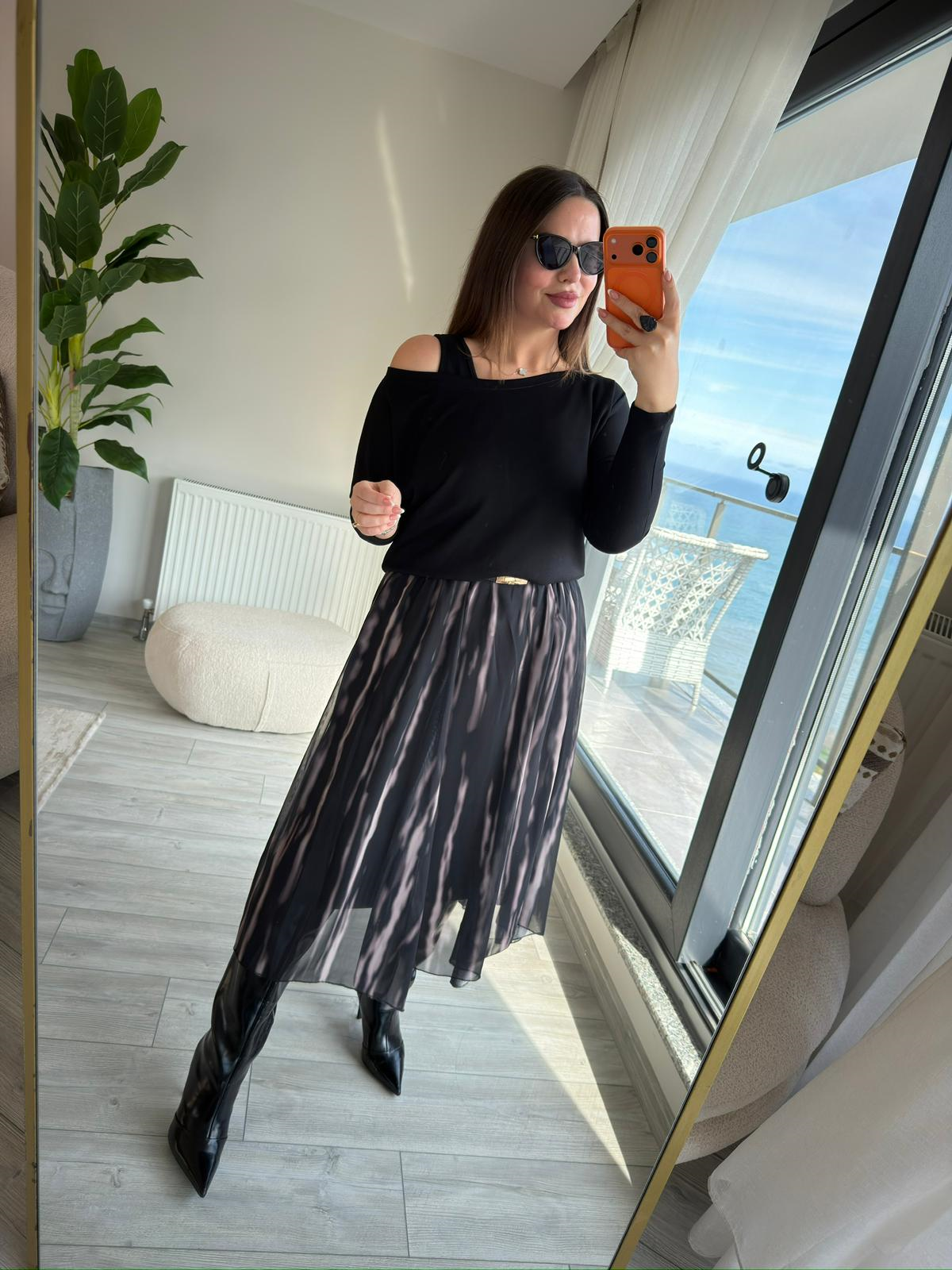 2379 Şifon Garnili Elbiseli Takım SİYAH