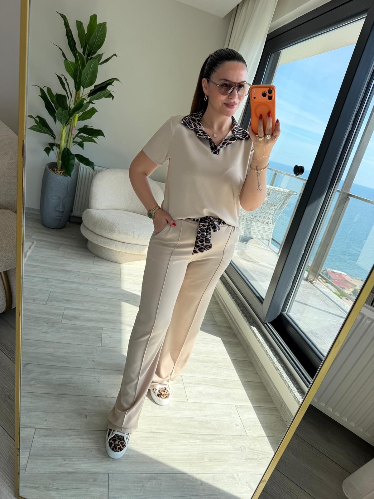 2414 Leopar Garnili Polo Yaka Takım BEJ