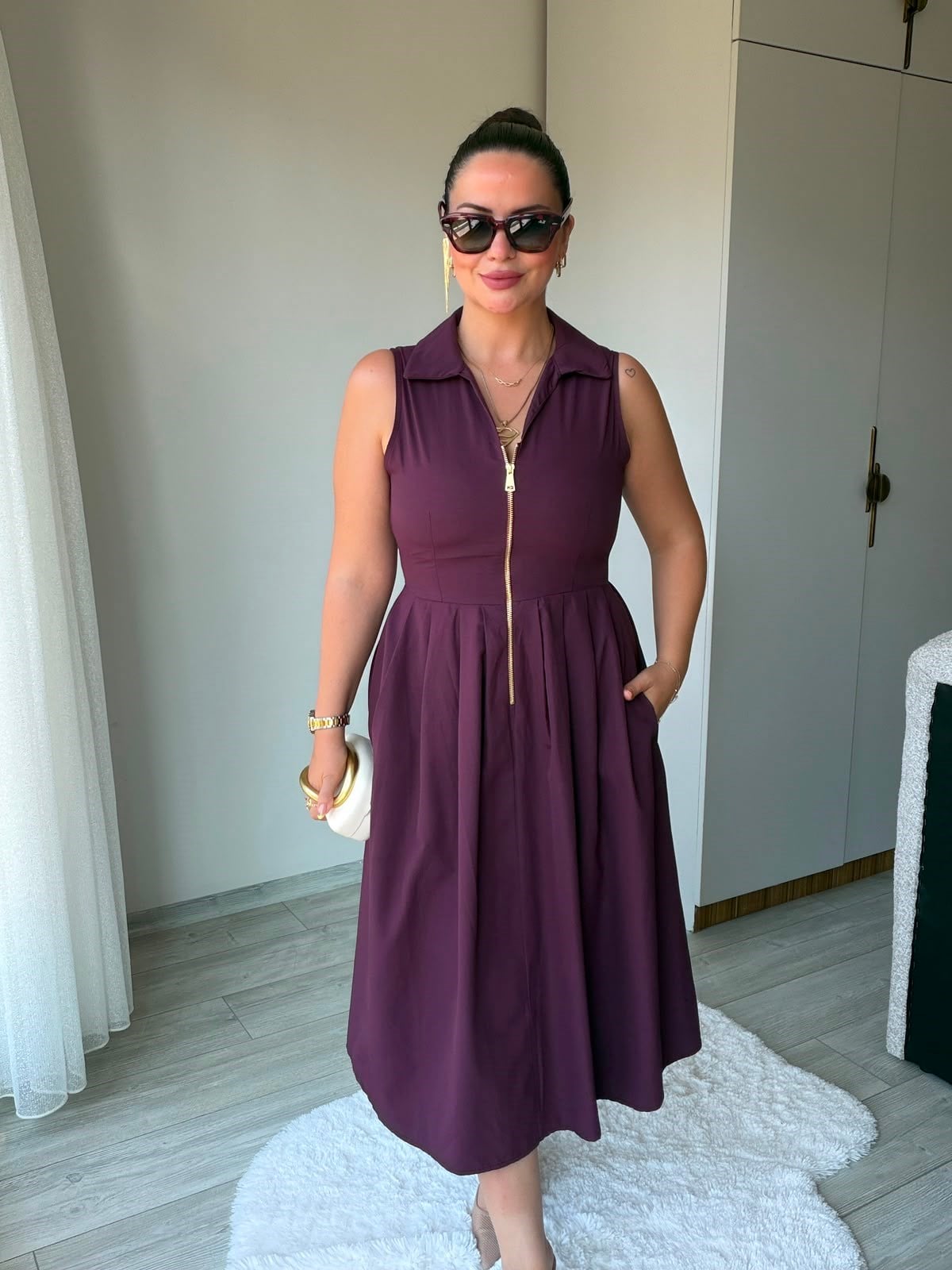 2452 Poplin Fermuarlı Elbise BORDO