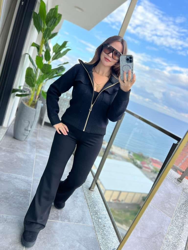 25421 Fermuarlı Triko Ceket SİYAH