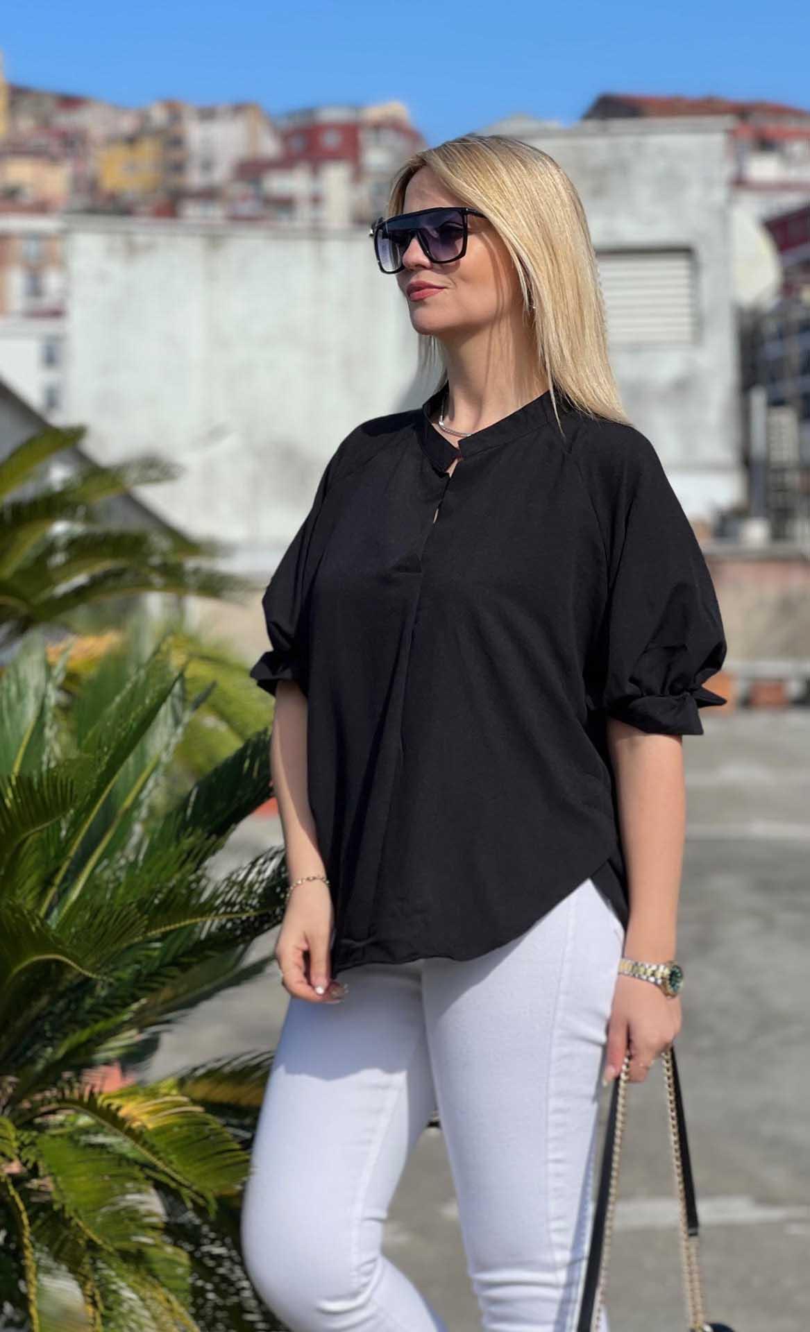 25755 Kolları Lastikli Bluz SİYAH