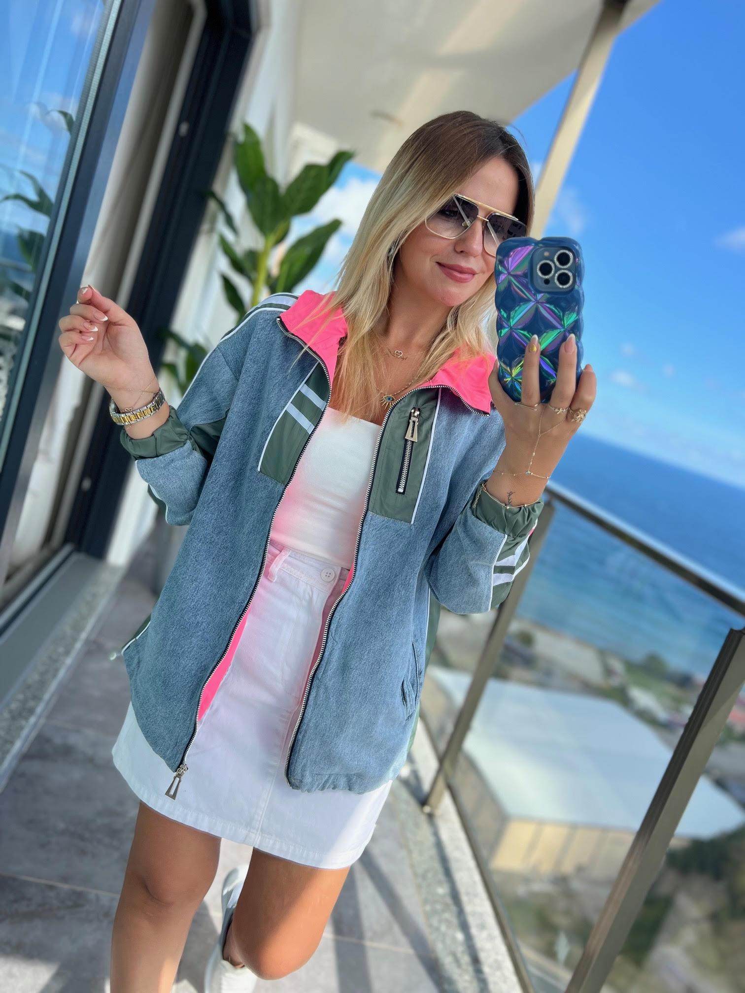 2717 Şeritli Mix Ceket PEMBE