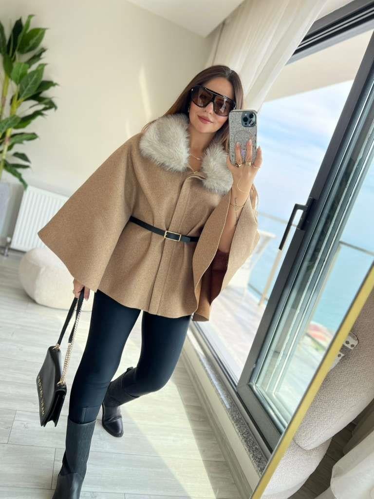 2805 Peluş Yaka Kemerli Panço CAMEL