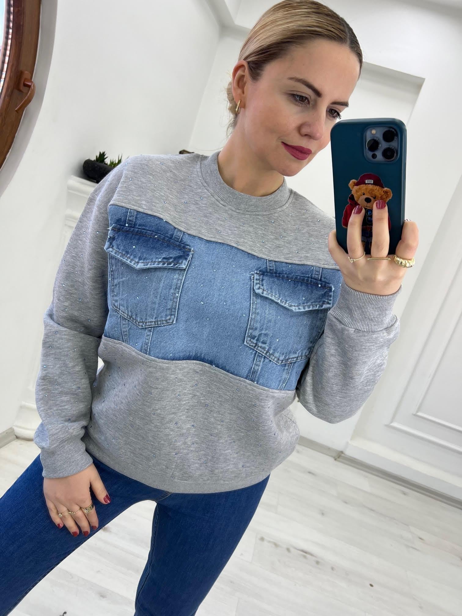 2824  Önü Jean Çizgili Sweat GRİ