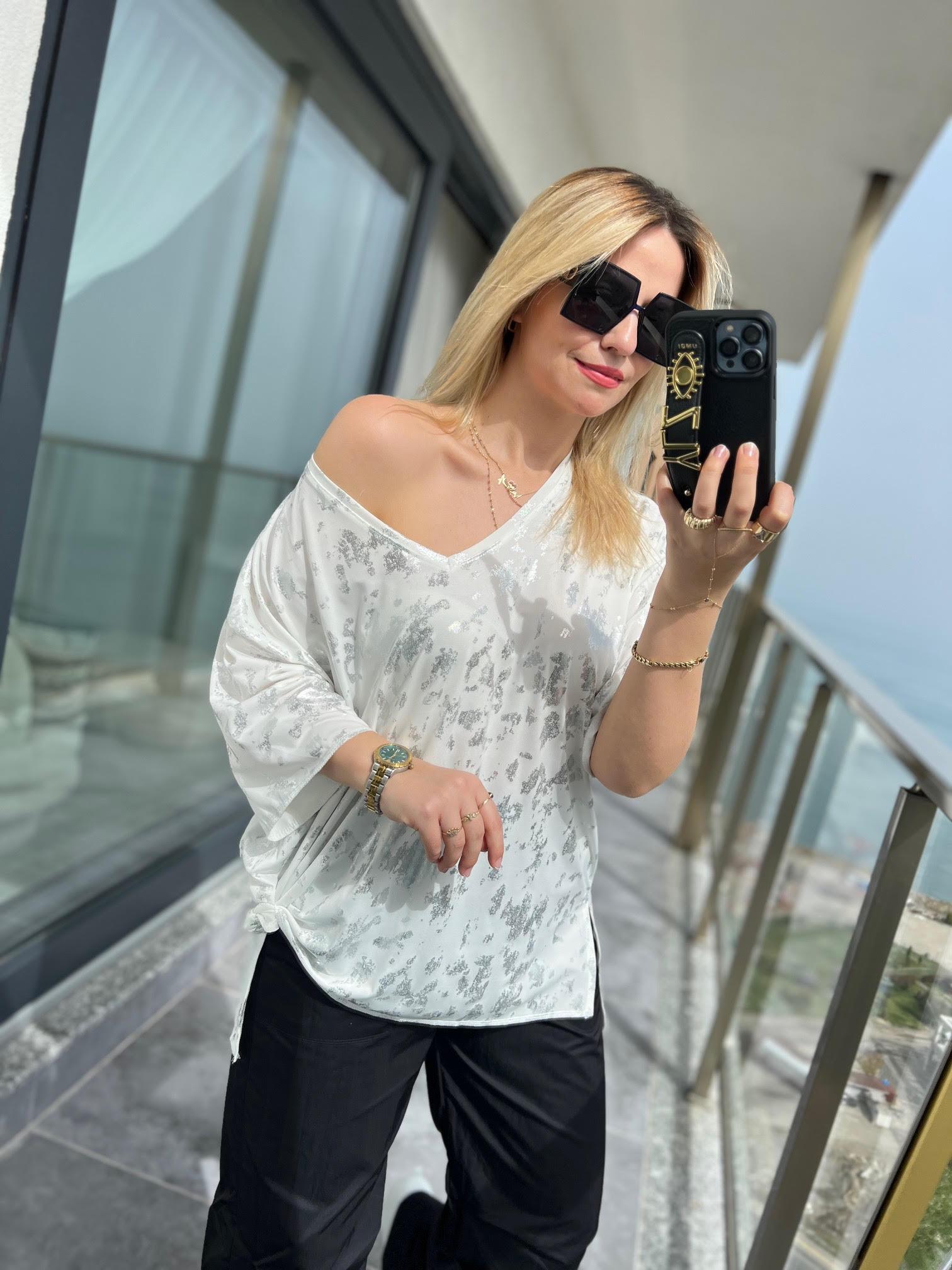 28500 Gümüş Varaklı Tshirt EKRU
